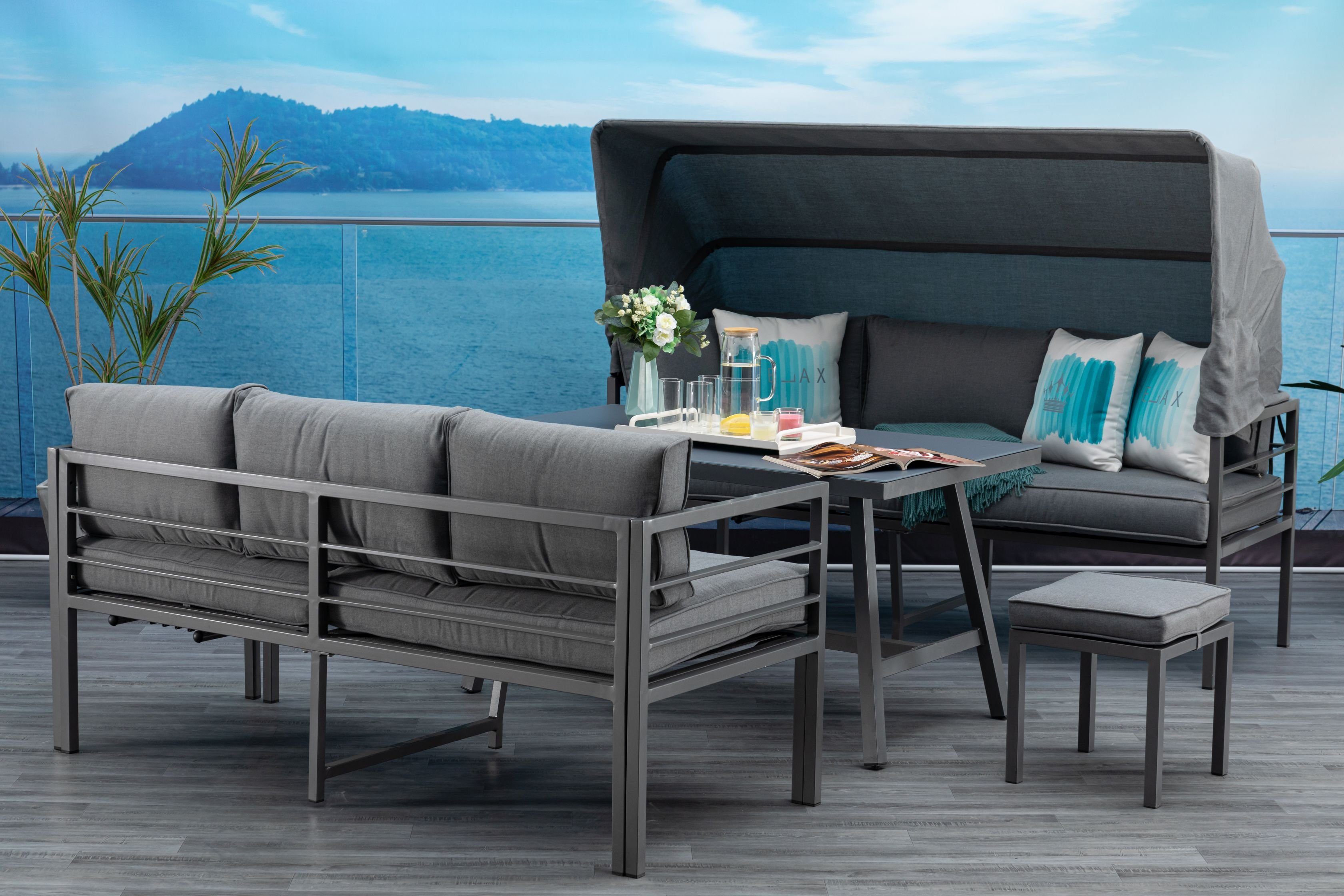 MANDALIKA Garden Gartenlounge-Set Newport anthrazit Gartenmöbelset Dining Eck Lounge, (Set, 4-tlg., Alu, Ecklounge, Esstisch, 2 Hocker inkl. Auflagen), inkl. Auflagen und Liegefunktion