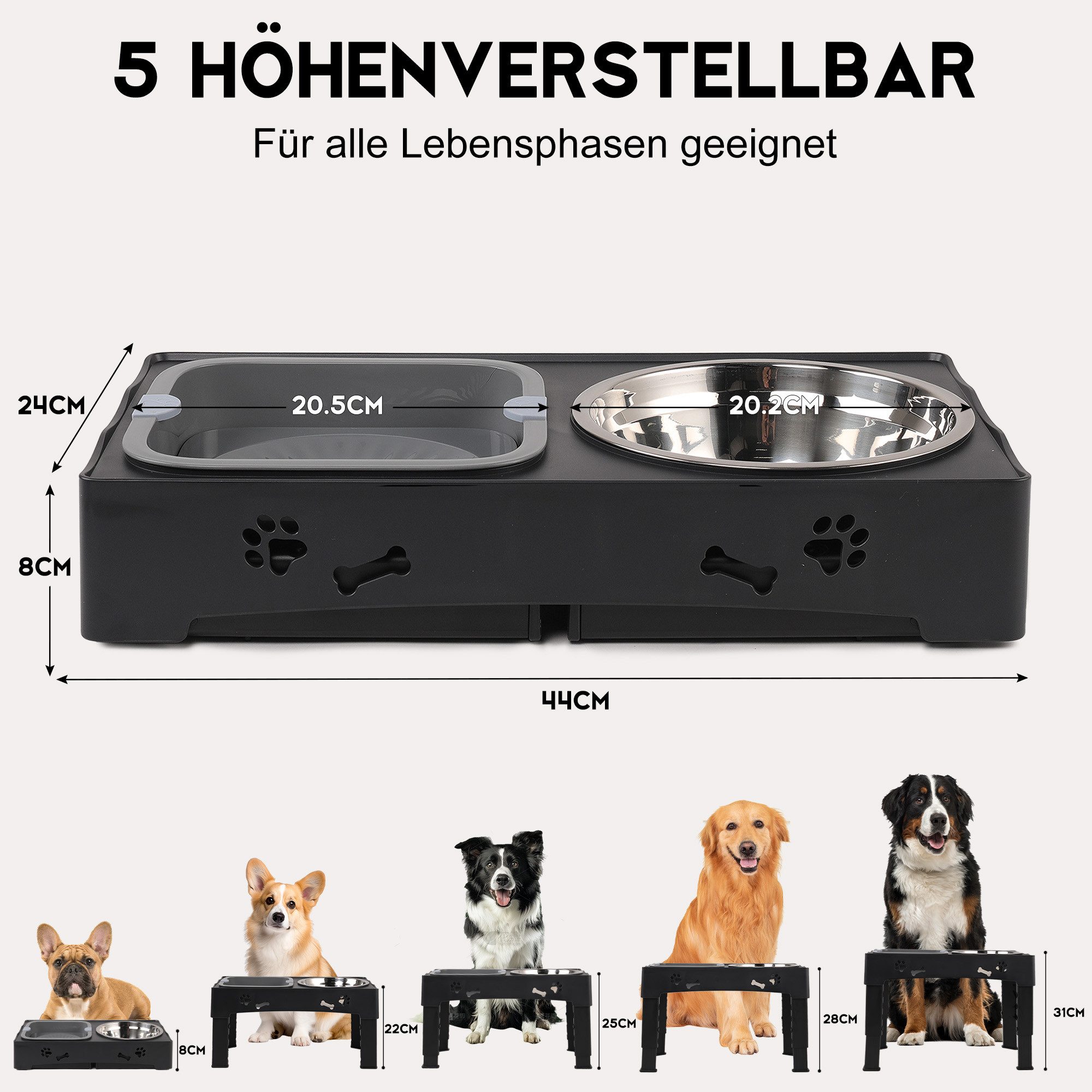 CALIYO Futternapf Adjustable Elevated Dog Bowls Raised Dog Bowl 5 Heights, Edelstahl, 2-in-1 Auslaufsicherer Wassernapf und Edelstahl-Futternapf