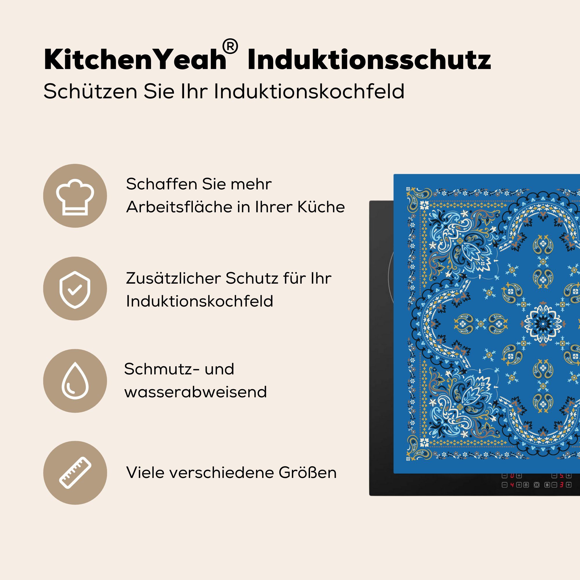 MuchoWow Herdblende-/Abdeckplatte Mandala Muster (1 küche 78x78 - cm, für Vinyl, tlg), - Ceranfeldabdeckung, Arbeitsplatte Blau