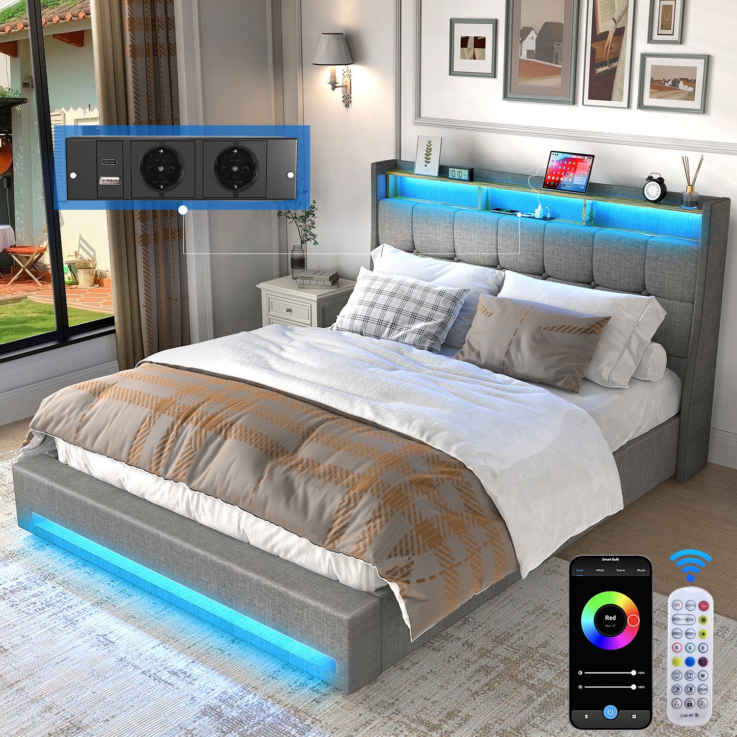 oyajia Polsterbett Doppelbett mit LED Licht 140x200cm,Hydraulisch anhebbare günstig online kaufen