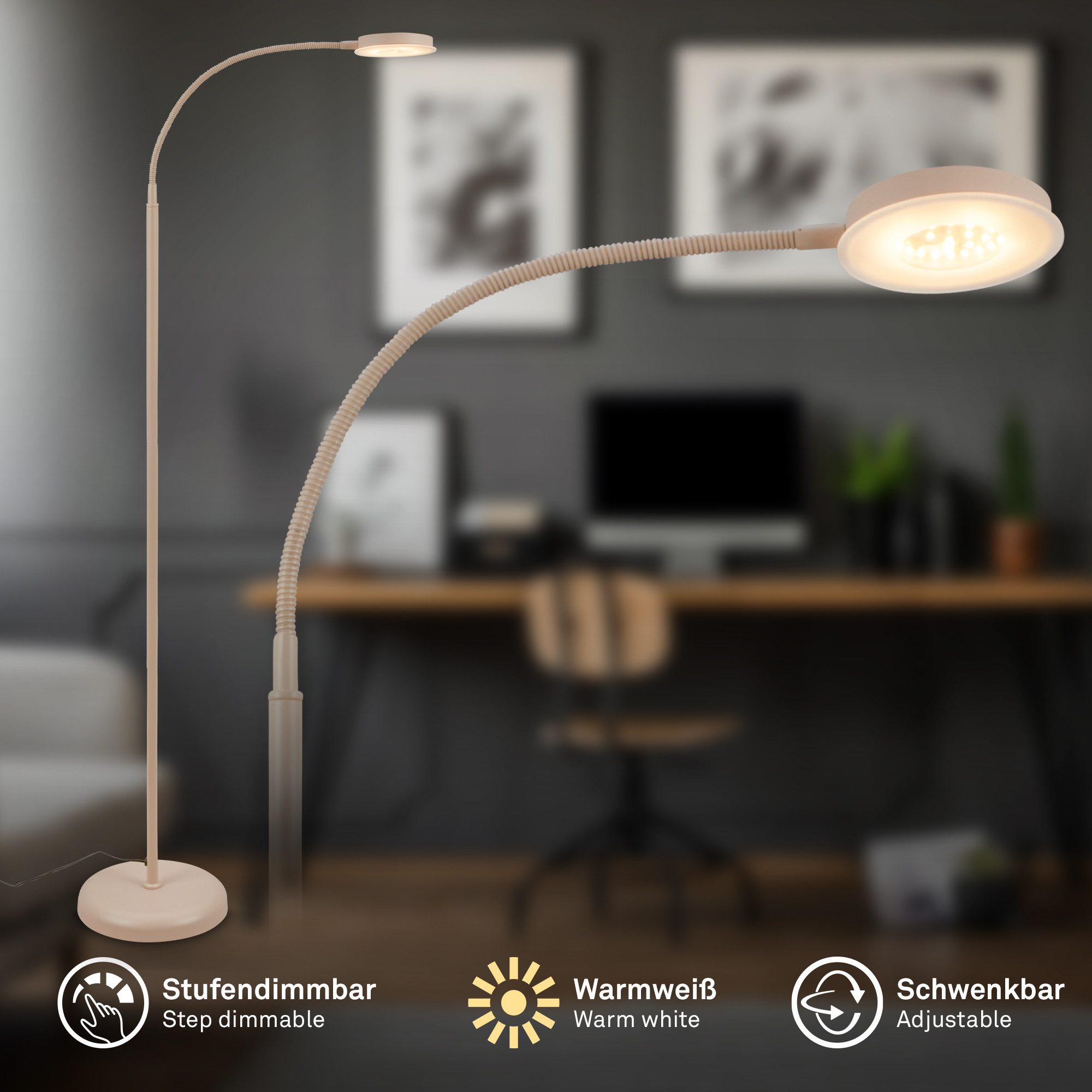 Briloner Leuchten Stehlampe LED Stehleuchte flexibel dimmbar, LED fest integriert, 3000K Warmweiß, 125,5 x 21 x 45 cm Beige Schwarz 12 W Wohnzimmer Flur Büro