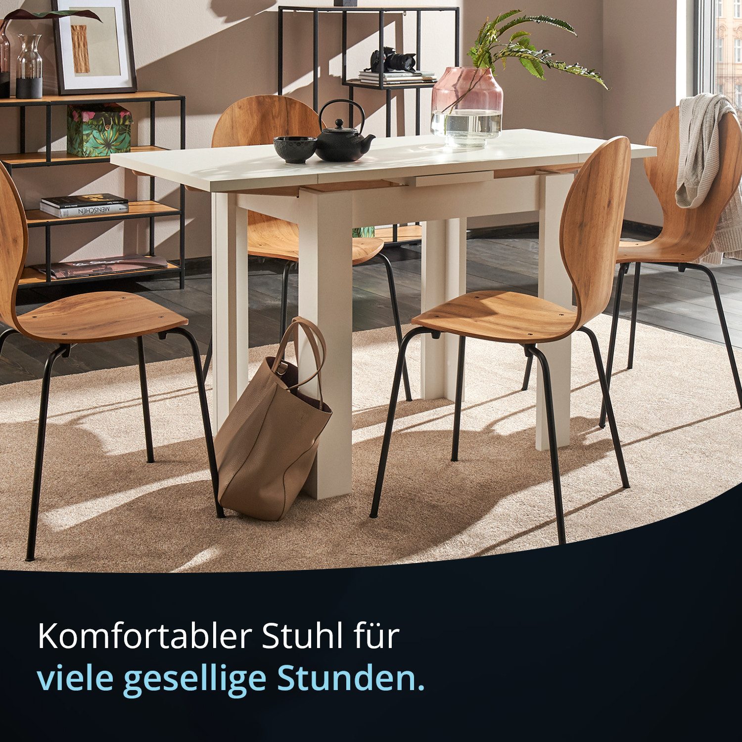 KHG Stapelstuhl Esszimmerstuhl Eiche-Optik, bis 110 kg belastbar, Modern, Stapelbar, Einteilige Sitzschale, Metallgestell pulverbeschichtet schwarz