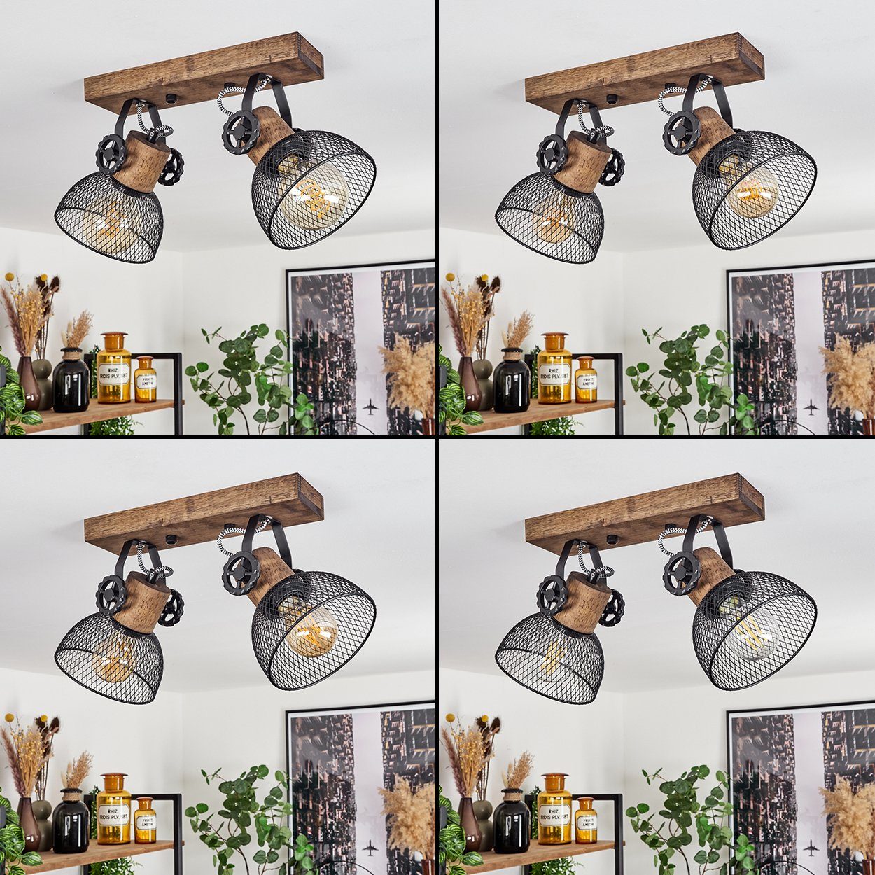 hofstein Deckenleuchte »Cotes« Deckenlampe, Holz/Metall, Braun/Schwarz Schirme, Gitter-Optik, ohne Leuchtmittel, Leuchte m. Holzbalken, Textilkabeln u. verstellbaren Strahlern, 2xE27