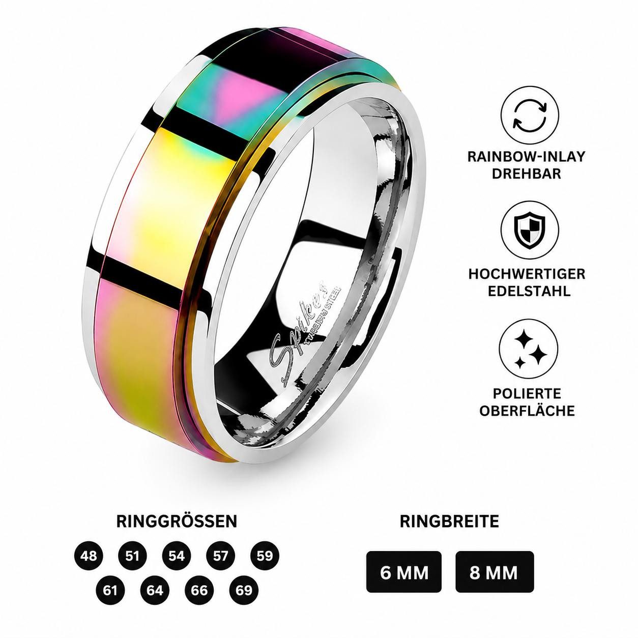 Taffstyle Fingerring Spinner Ring Edelstahl drehbar Anti Stress Ring Rainbow Inlay Unisex (Drehbarer Edelstahlring mit Rainbow-Inlay für entspannendes Drehen und modernes Design), Band Ring Herrenring Damenring Partnerring Trauring