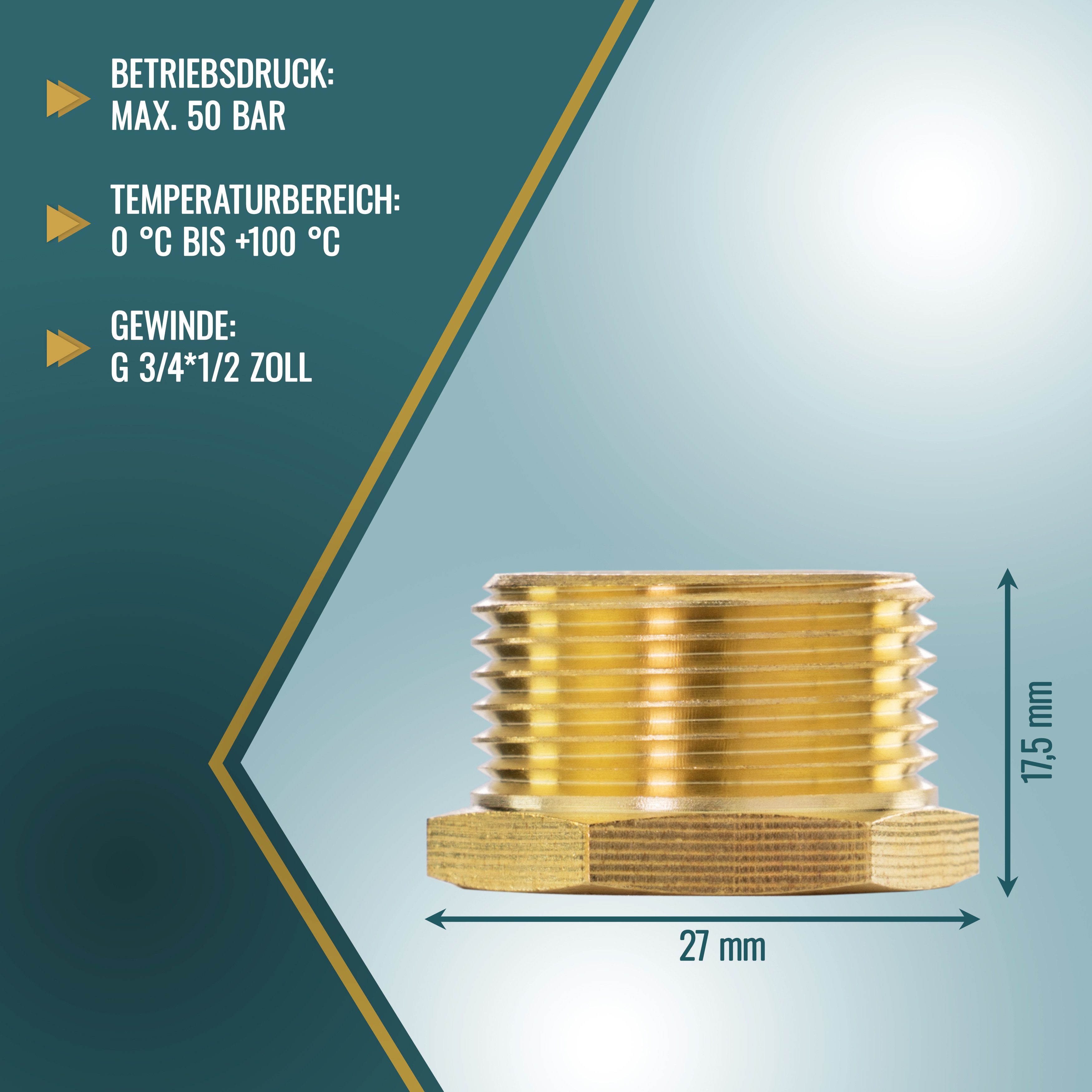 Thumbnail - Poppstar Rohr-Reduzierstück, (2-tlg), 2x Messing Reduzierstück AG 3/4 Zoll auf IG 1/2 Zoll