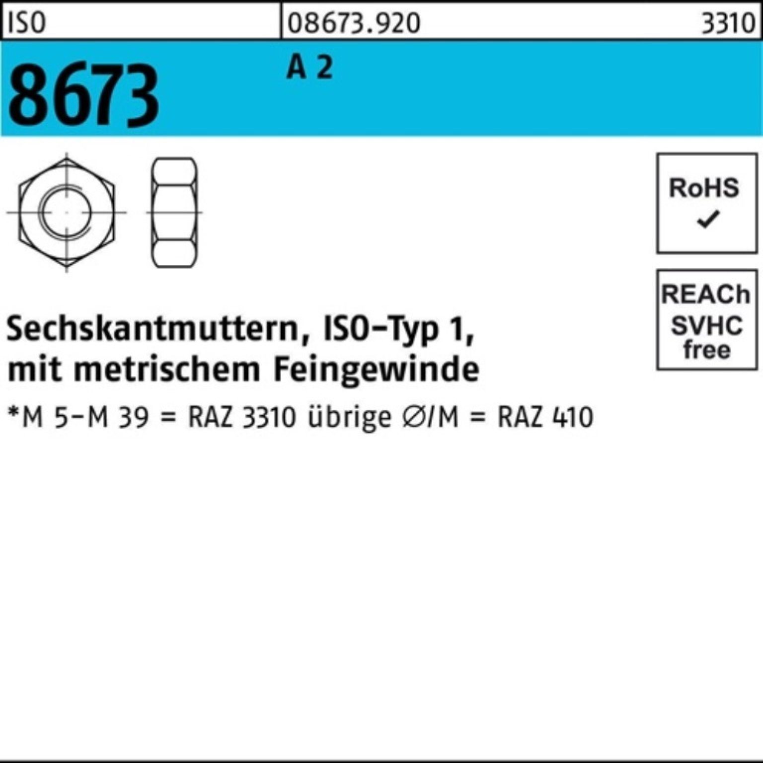 Reyher Muttern 100er Pack Sechskantmutter ISO 8673 M12x 1,5 A 2 50 Stück ISO 8673 A