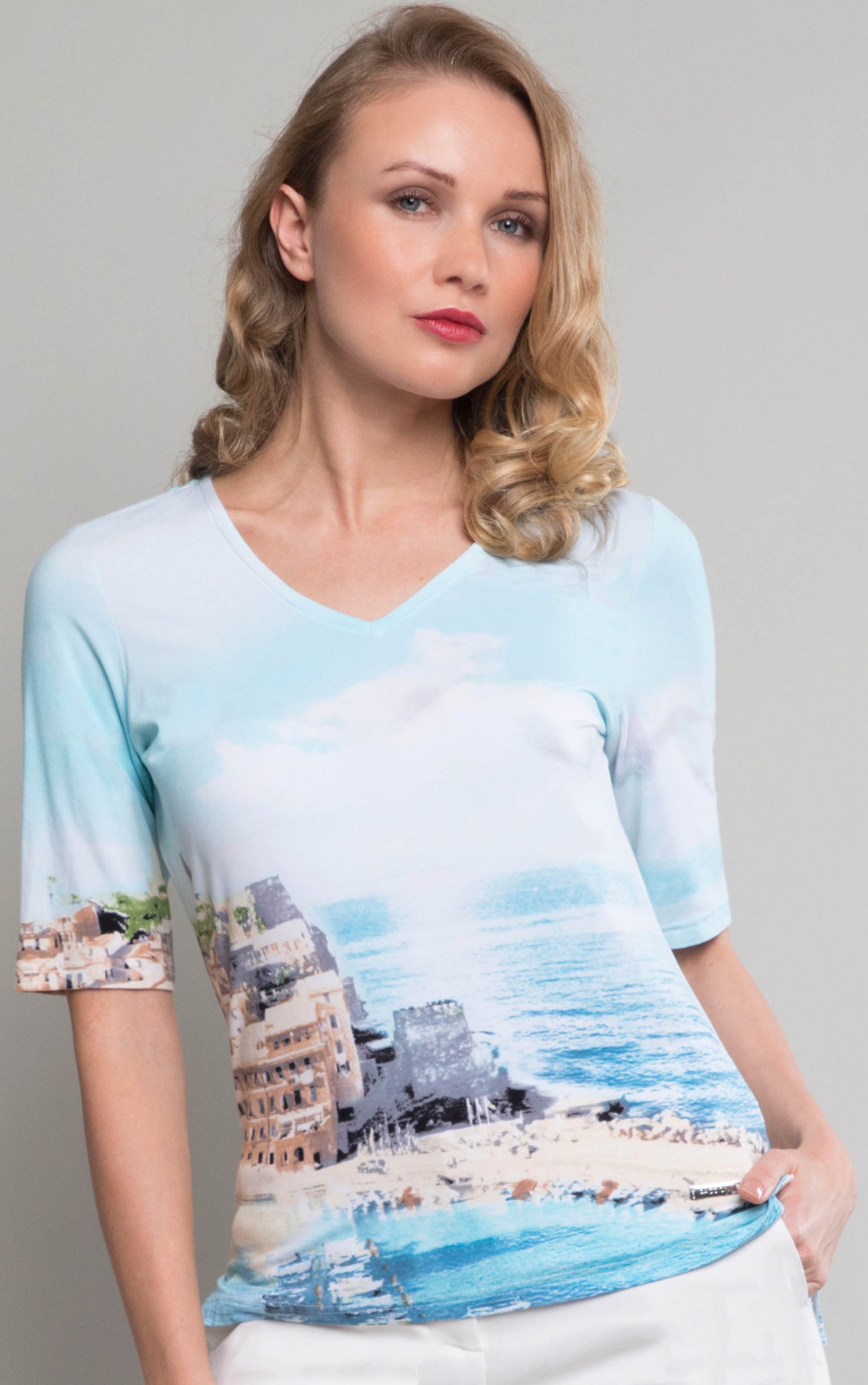 Passioni 3/4-Arm-Shirt Türkisfarbenes T-Shirt mit Strand-Aquarellmuster