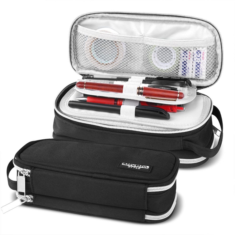 HUGERSTONE Federmäppchen mädchen 2 fach für die schule mäppchen federtasche,22 x 11 x 7 cm, (1-tlg., mit 2 Reißverschlussfächern,Schwarz), mehrschichtige Aufbewahrung,bietet Platz für 50 Stifte und Lineale