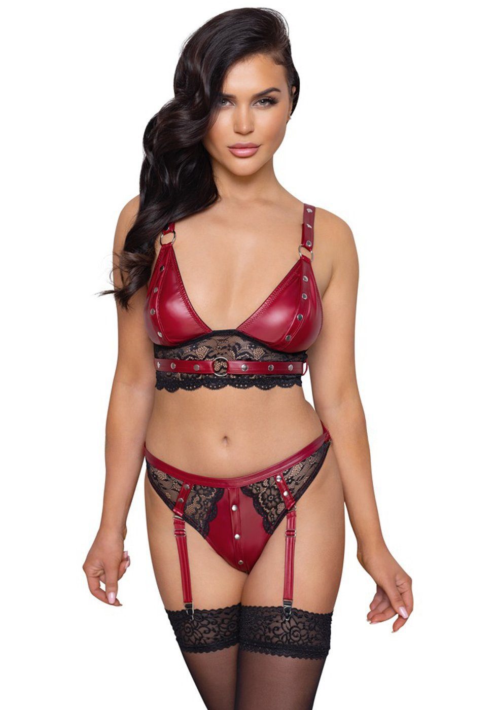 Cottelli Collection Set: Bügelloser BH Wetlook BH u Slip mit Manschetten - schwarz, rot (2-tlg)