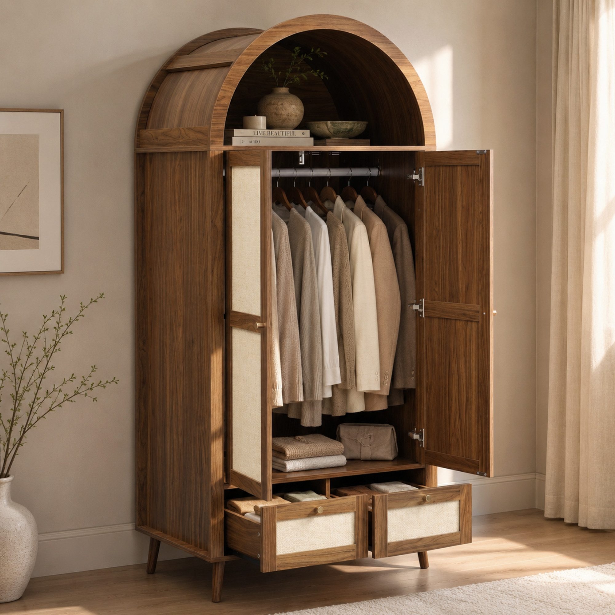 Flieks Kleiderschrank Kleiderschrank Bogenform 80x55x180cm mit Kleiderstange, 2 Schubladen – Bild 3 von 5