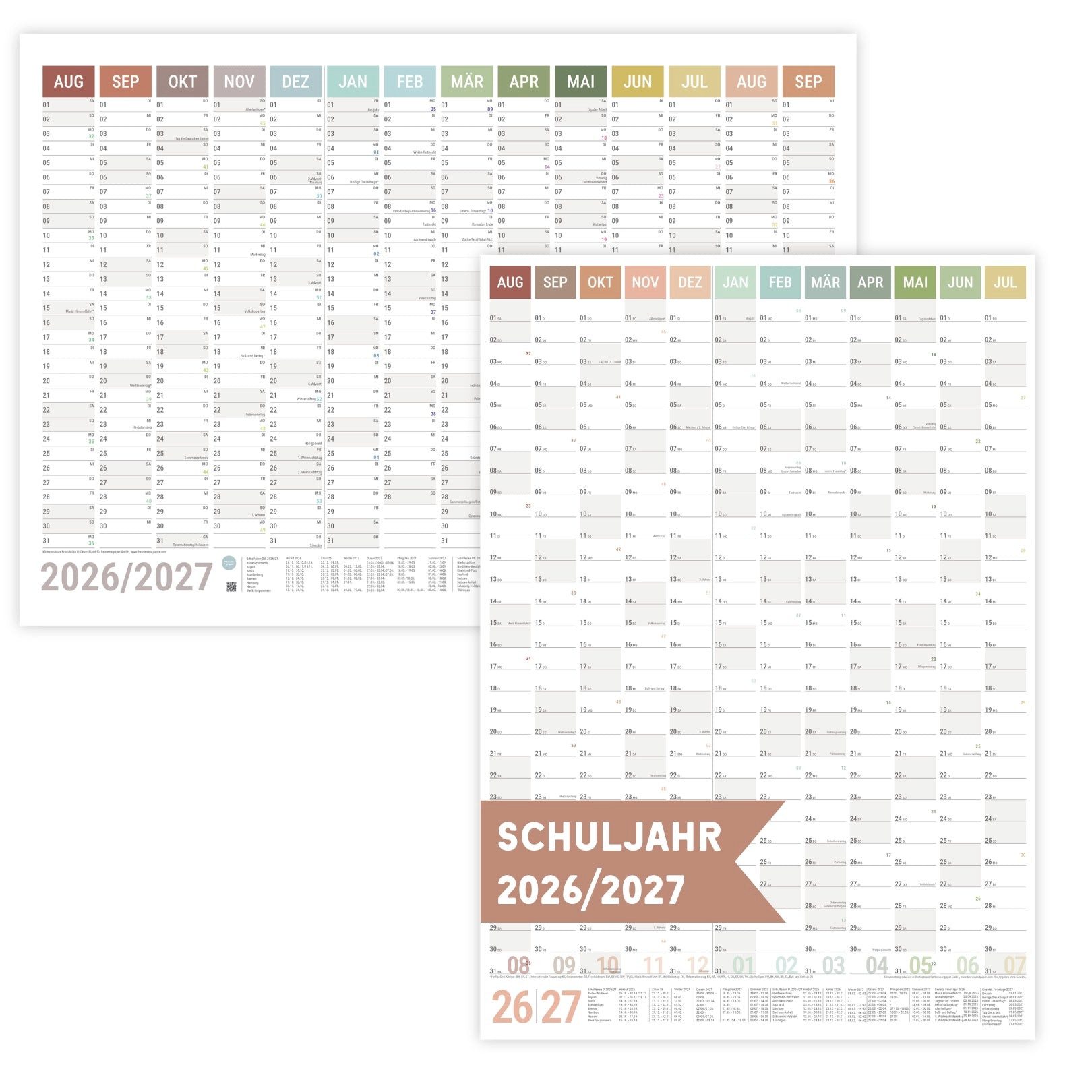 heaven+paper Jahresplaner Schuljahresplaner A1 2026/2027 Natural Querformat/Hochformat, Hergestellt in Deutschland