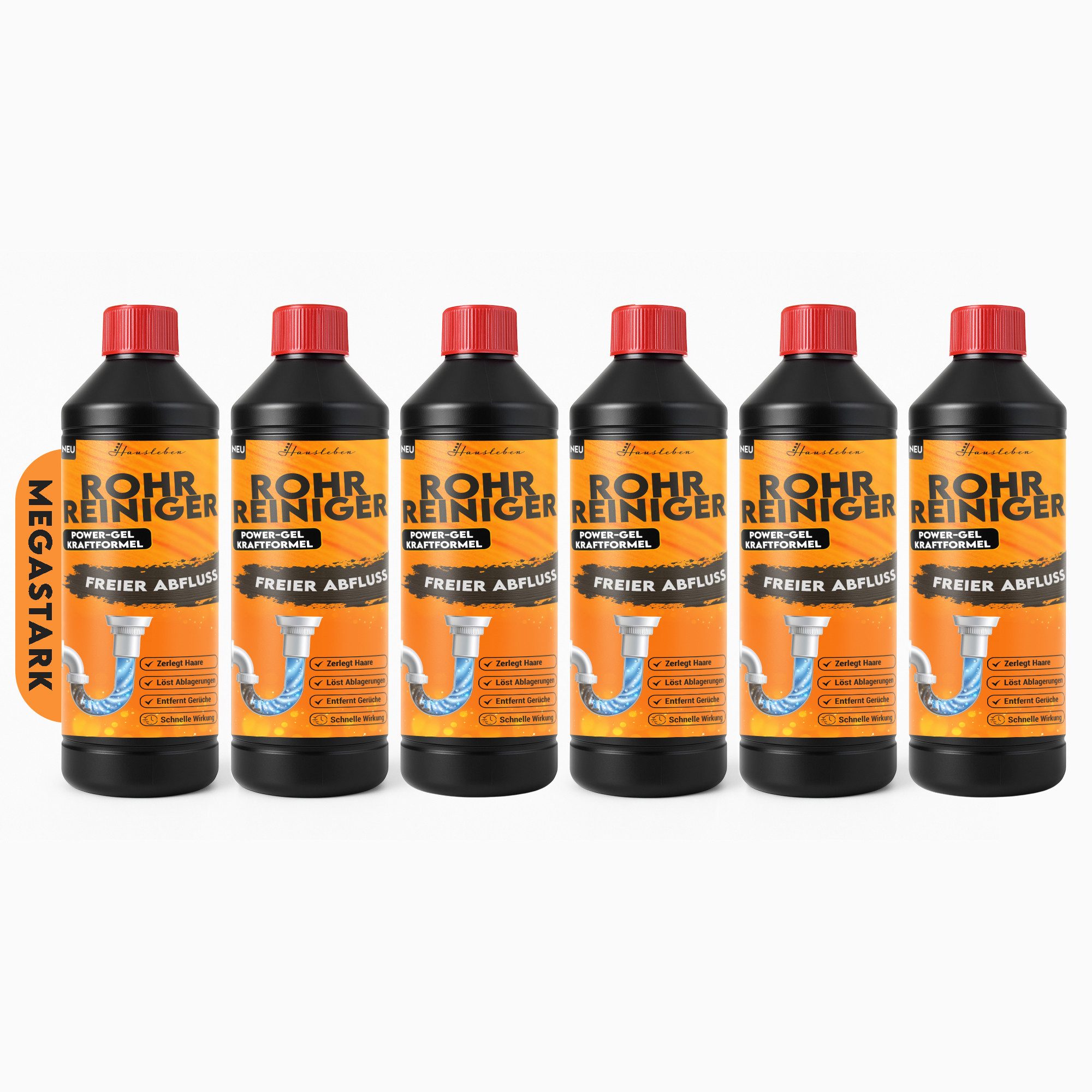 hausleben Abflussreiniger EXTRA STARK-Rohrreiniger Power-Gel gegen Haare Rohrreiniger (6-St. 6x1000ml Fett & Verstopfungen für Küche, Bad, Dusche und Abflussfrei)
