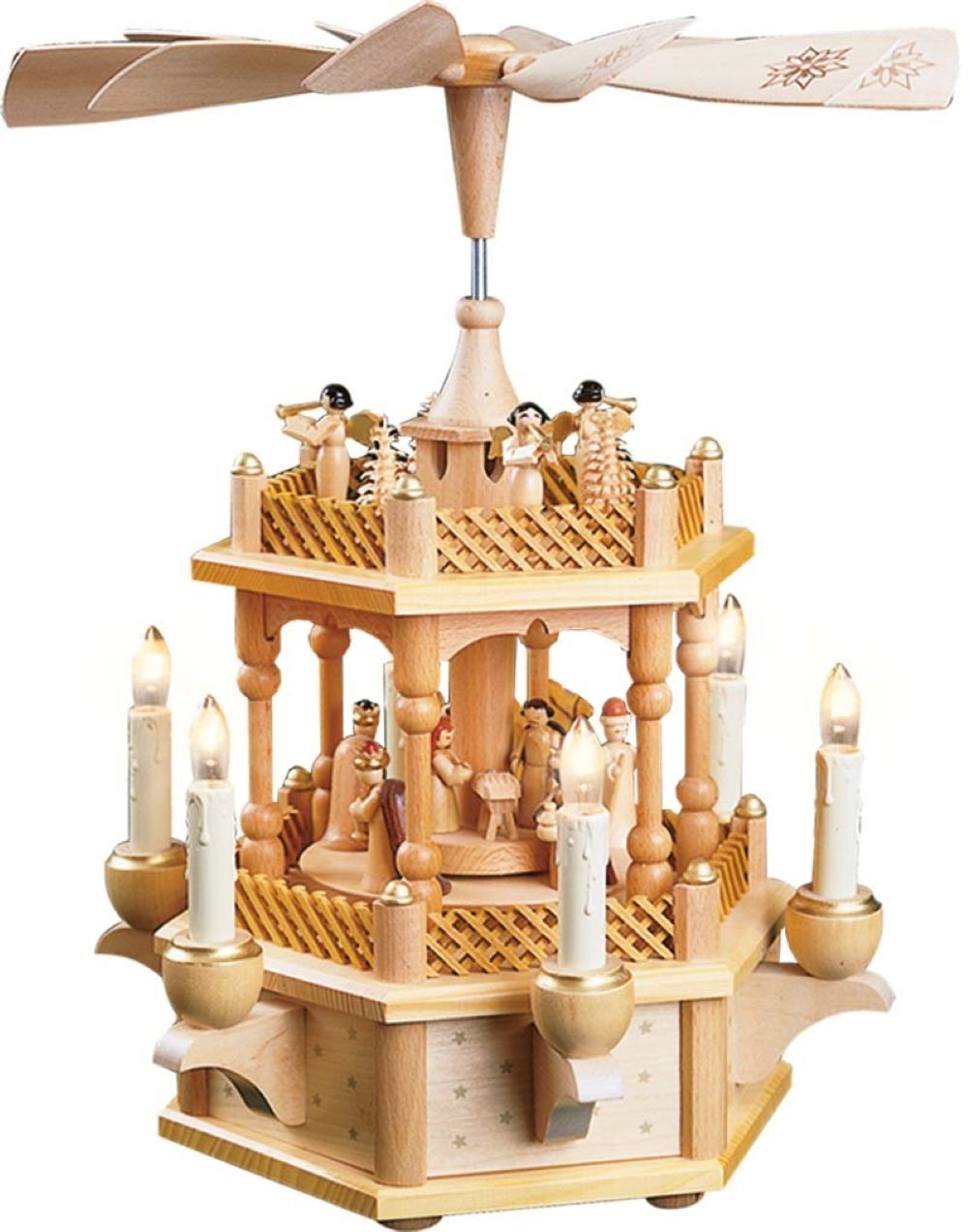 Richard Glaesser Weihnachtspyramide Pyramide Heilige Familie natur 1-stöckig, elektrisch, Höhe 38 cm, Handwerkskunst original Erzgebirge