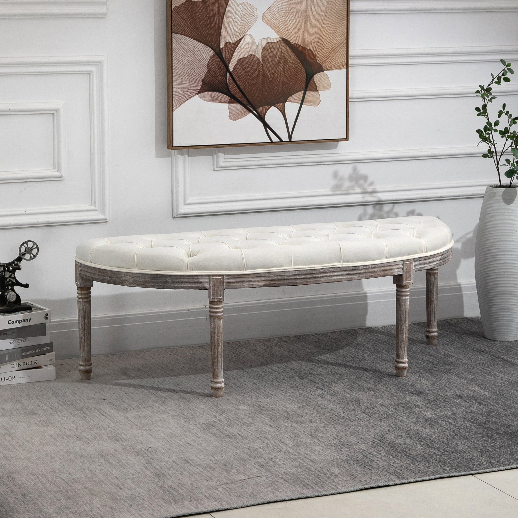 HOMCOM Bettbank mit Knöpfen (Betthocker, 1-St., Sitzbank), Gummiholz Beige 142 x 49 x 49 cm