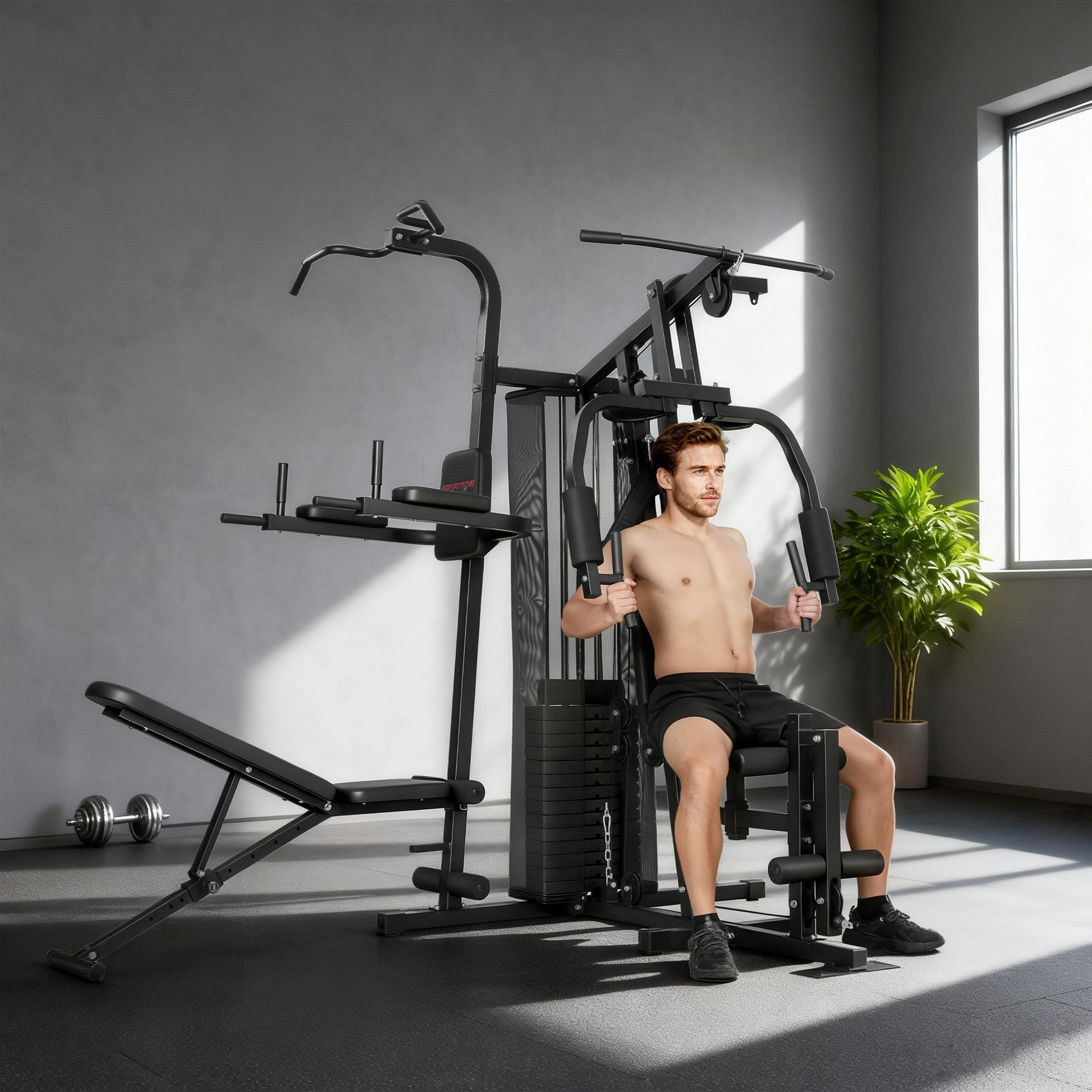 SPORTNOW Kraftstation verstellbar Bank mit Latzug Butterflystange, 69kg Gewichten, Seil, 12 Gewichtsblöcke (Fitnessstation, 1-tlg., Multistation), bis zu 120kg belastbar, für Zuhause