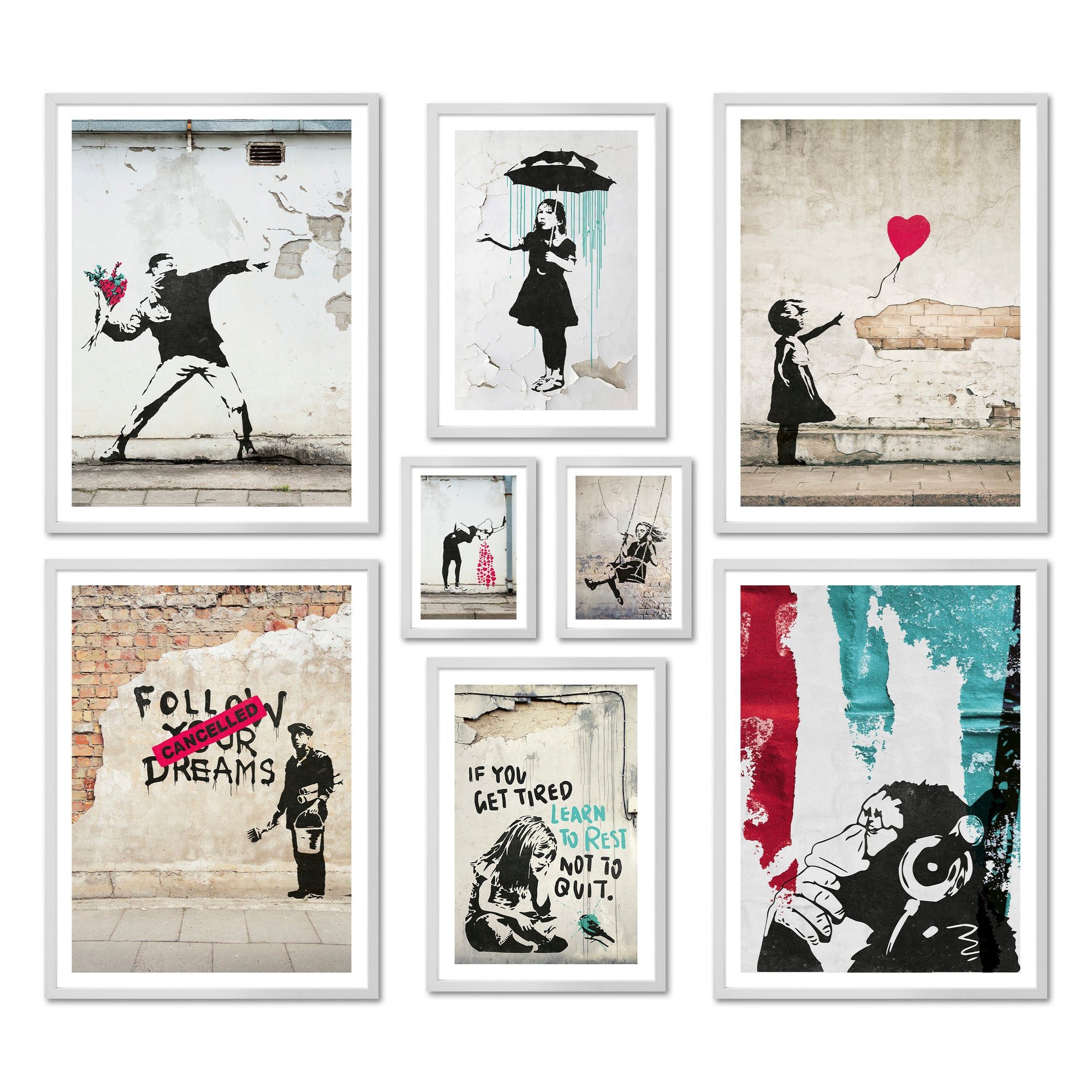 ARTFAVES Bilder-Collage Poster Set - BANKSY STREET ART - Deko Wandbilder schwarz, street art, (Wandbilder modern, 8 St)