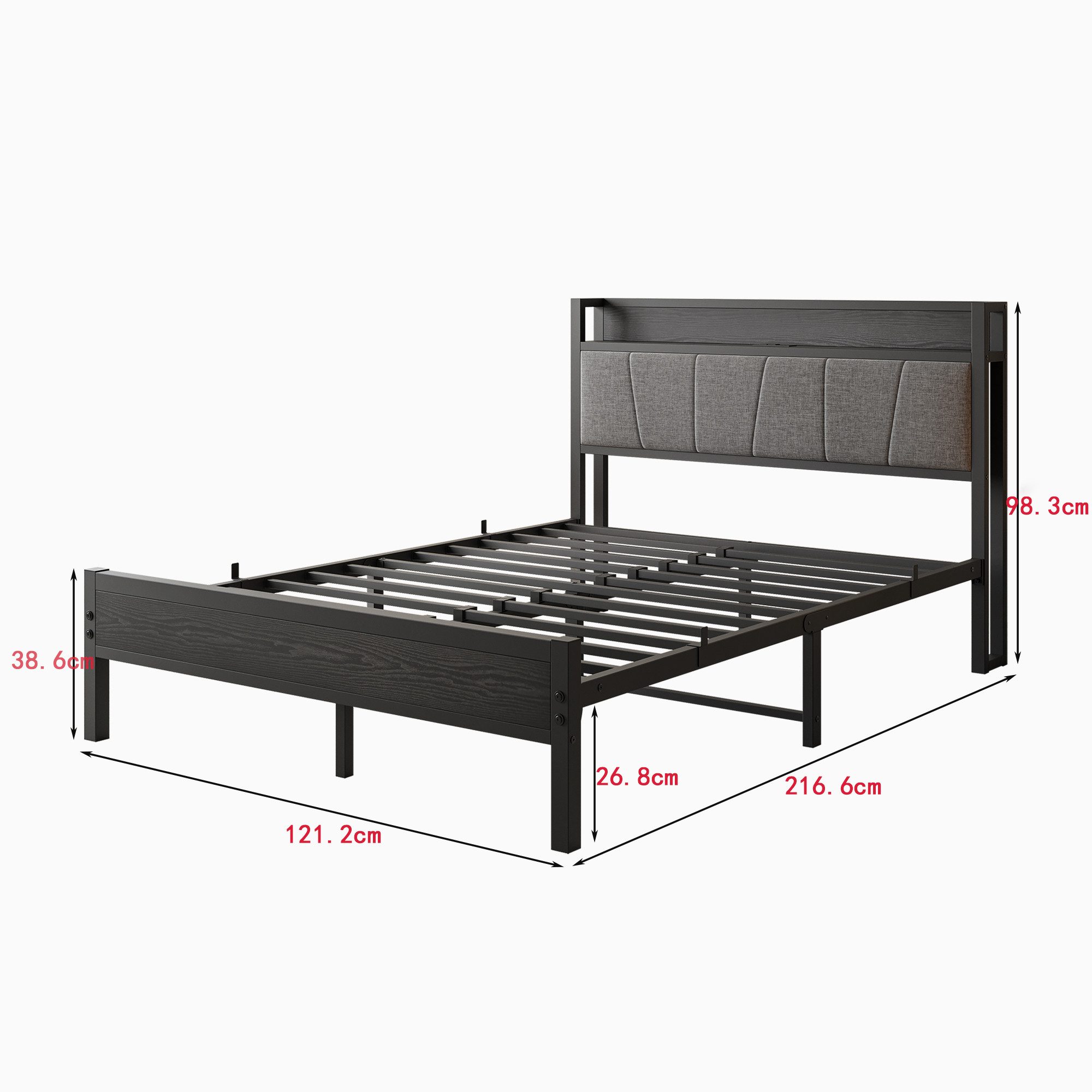 HOMERECOMMEND Metallbett mit 2 USB-Anschlüssen und LED Beleuchtung (1-tlg., Ohne Matratze), Jugendbett Bettgestell 120 x 200 cm