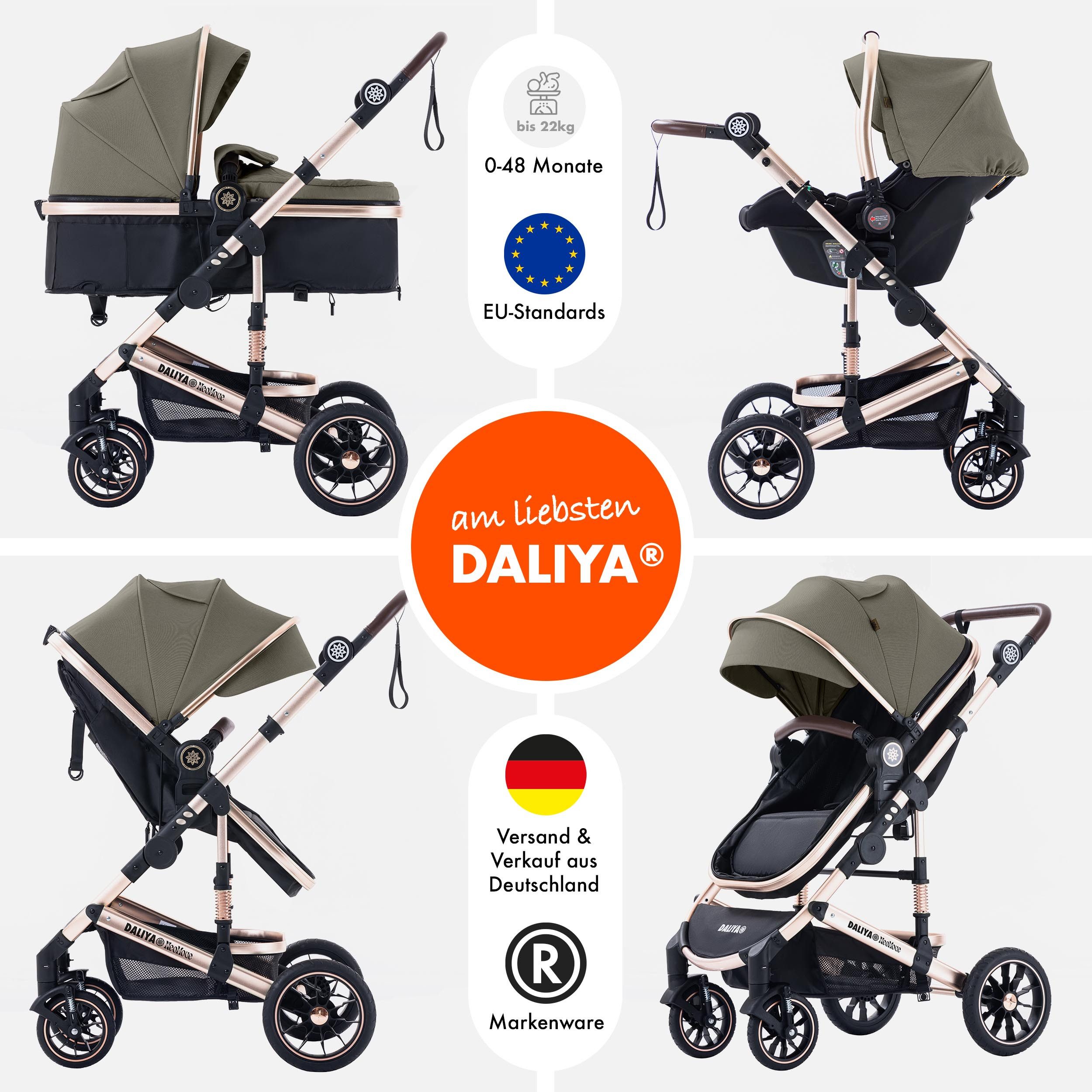 Daliya® Kombi-Kinderwagen NEOMOVE 3in1 Kinderwagen mit i-Size Babyschale & Buggy, (Reise-Set, 10-tlg), Kinderwagen mit i-Size Babyschale, Alu-Rahmen, Großer Einkaufskorb