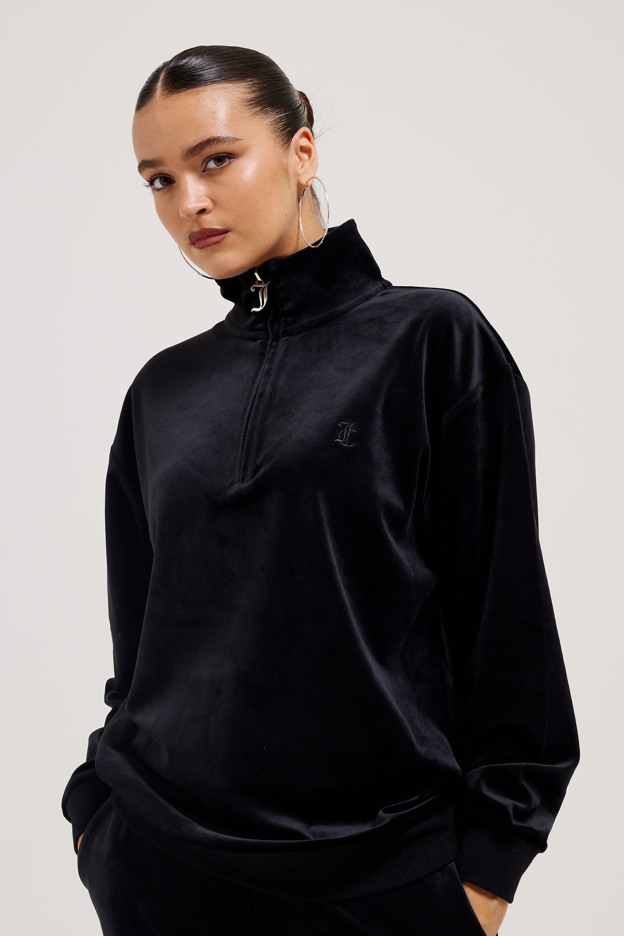 Juicy Couture Sweatshirt PETE VELOUR HALF ZIP PULLOVER. Damen Sweatshirt Damen, Pullover, Sweater, Velour, mit Strasssteinen, Sale