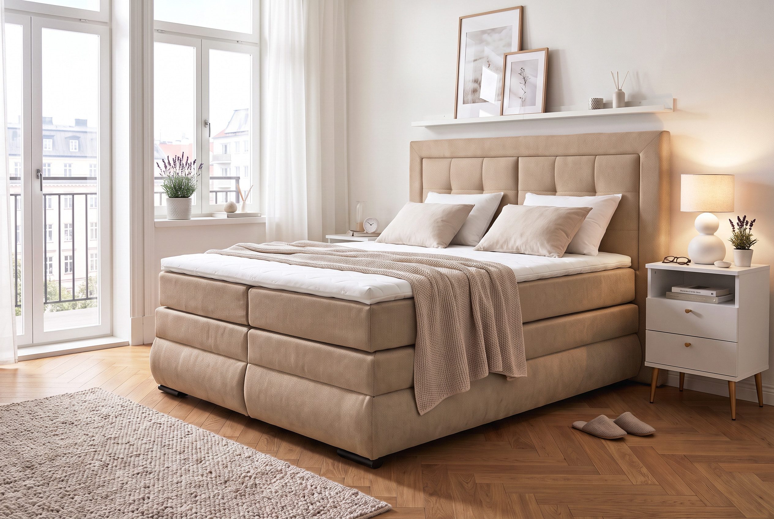 OTTO home Boxspringbett MIVVA mit Bettkasten, mit Taschenfederkernmatratze H3, H3/H4 mix, H4 (mit hochwertigem Strukturstoff, wahlweise mit LED-Leuchten), mit Kaltschaum- oder Visco-Topper (bei H4), Komfortliegehöhe 67cm