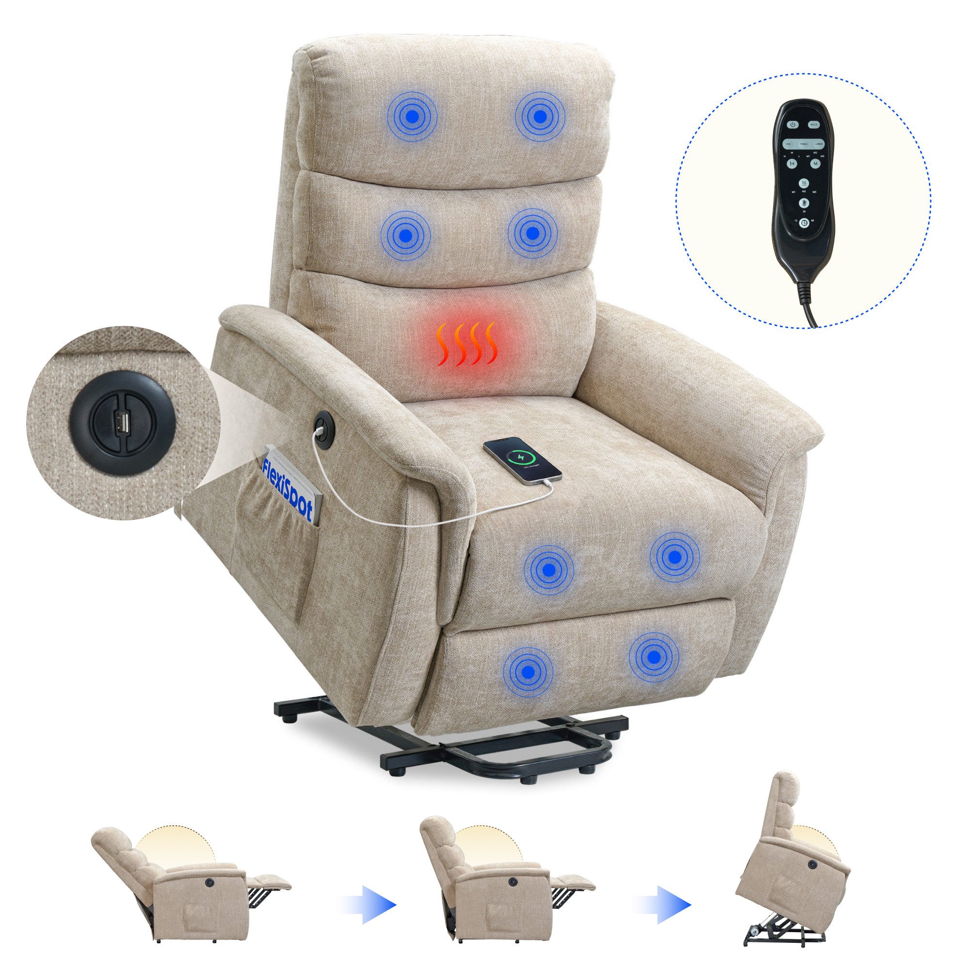 FLEXISPOT Sessel Multifunktionaler Elektrischer Relaxsessel Mit Aufstehhilfe (mit Sitzheizung-, Massage- und Liegefunktion, USB-Ladeanschluss und zusätzlicher Stauraum), 110° - 140° verstellbar