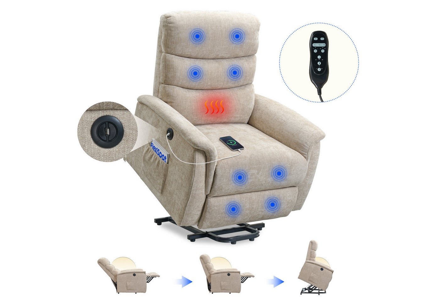 FLEXISPOT Sessel Multifunktionaler Elektrischer Relaxsessel Mit Aufstehhilfe (mit Sitzheizung-, Massage- und Liegefunktion, USB-Ladeanschluss und zusätzlicher Stauraum), 110° - 140° verstellbar