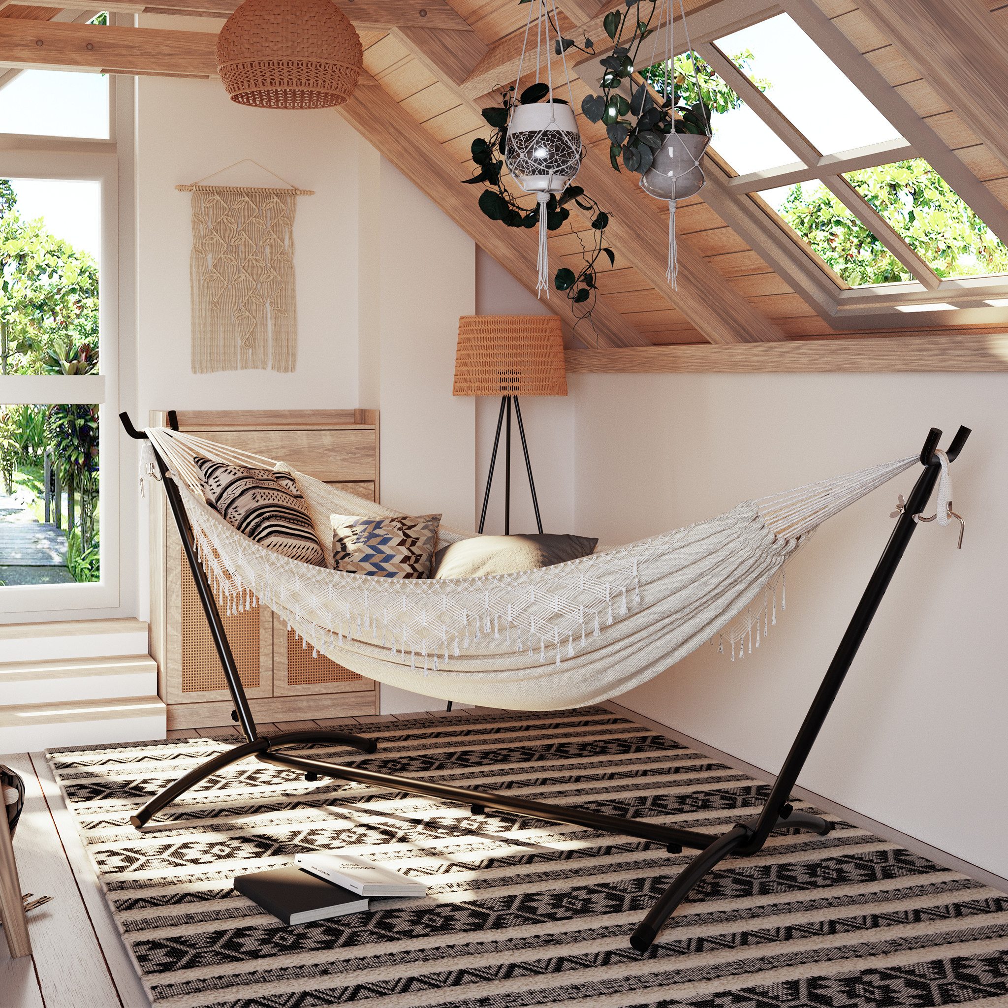 Mondeer Hängematte Gartenhängematte, mit Verstellbarem Gestell für 2 Personen,Sechsleiner Fransen