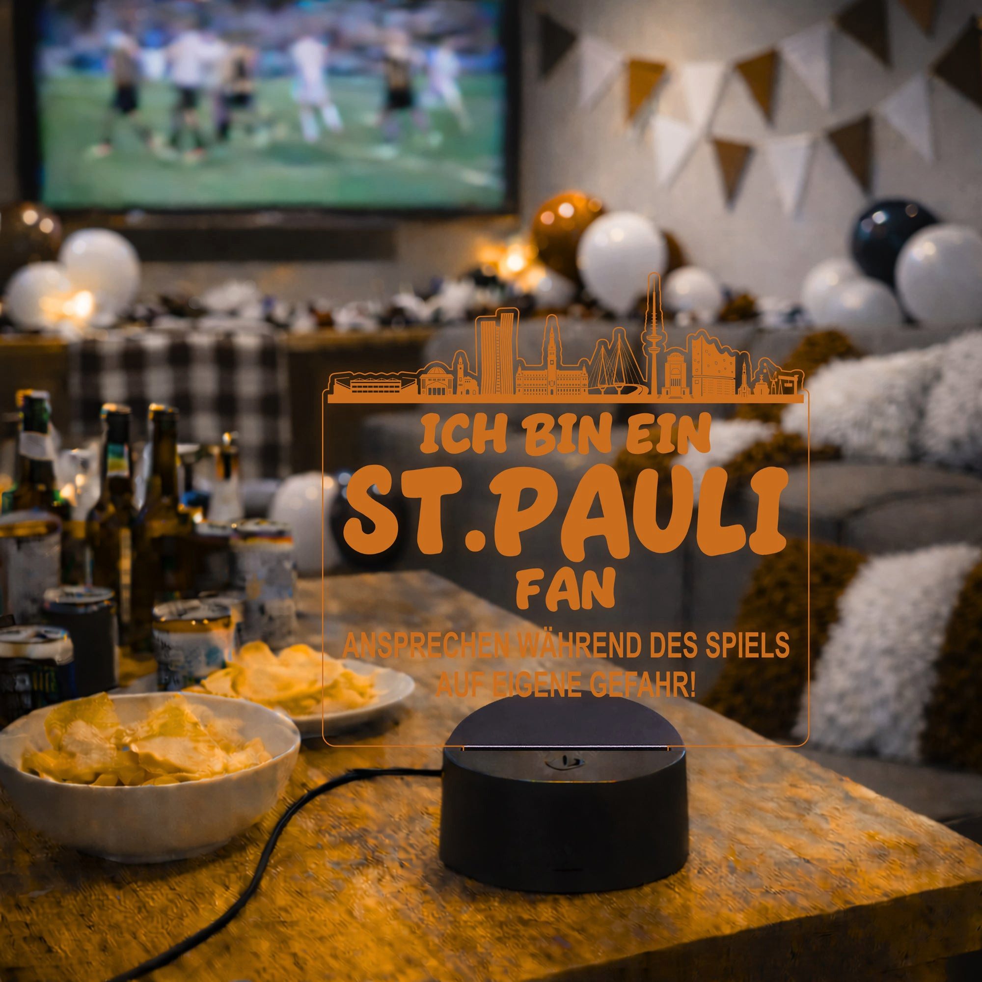 Lieblingsmensch LED Nachtlicht Fußball - Ich bin ein St. Pauli Fan - Ansprechen auf eigene Gefahr, LED fest integriert, Farbwechsel oder feste Farbe mit Fernbedienung & Touch, Man Cave Stimmungslicht – 19x23cm