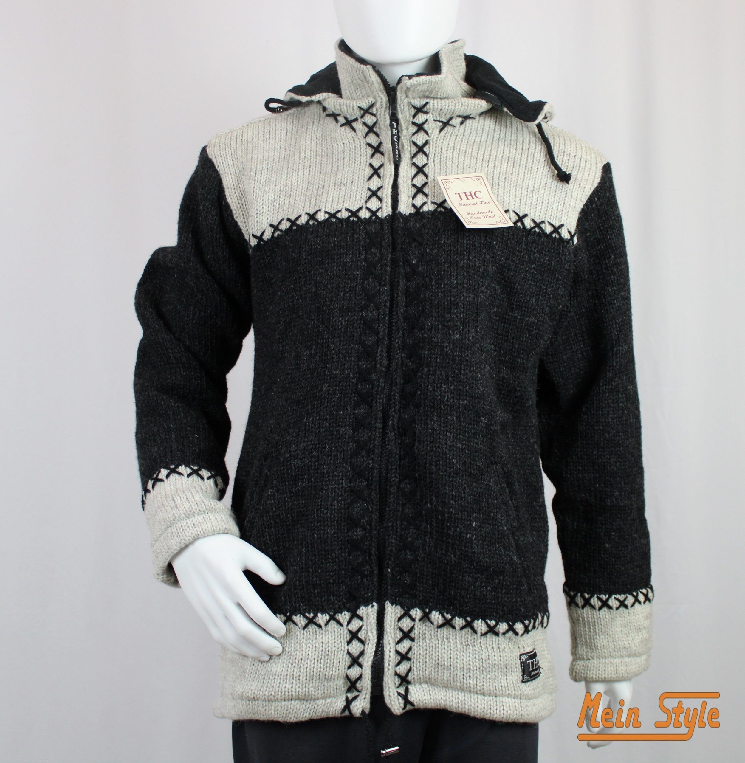 Mein 1 abnehmbarer 511 Style weiß Strickjacke Schafwollstrickjacke Strickjacke (1-tlg., Kapuze Stück) anthrazit mit