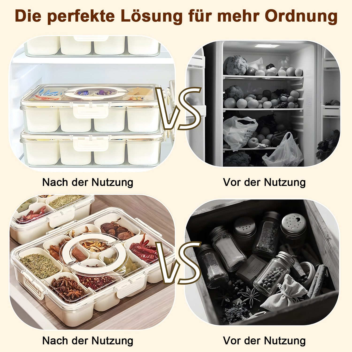 HEYHIPPO Frischhaltedose Snackbox 8 Fächer mit Deckel & Griff – 28×21×6,5 cm, für Obst & Nüsse, (Packung, Lebensmittelbehälter – versiegelter Snackcontainer, fü – Bild 5 von 5
