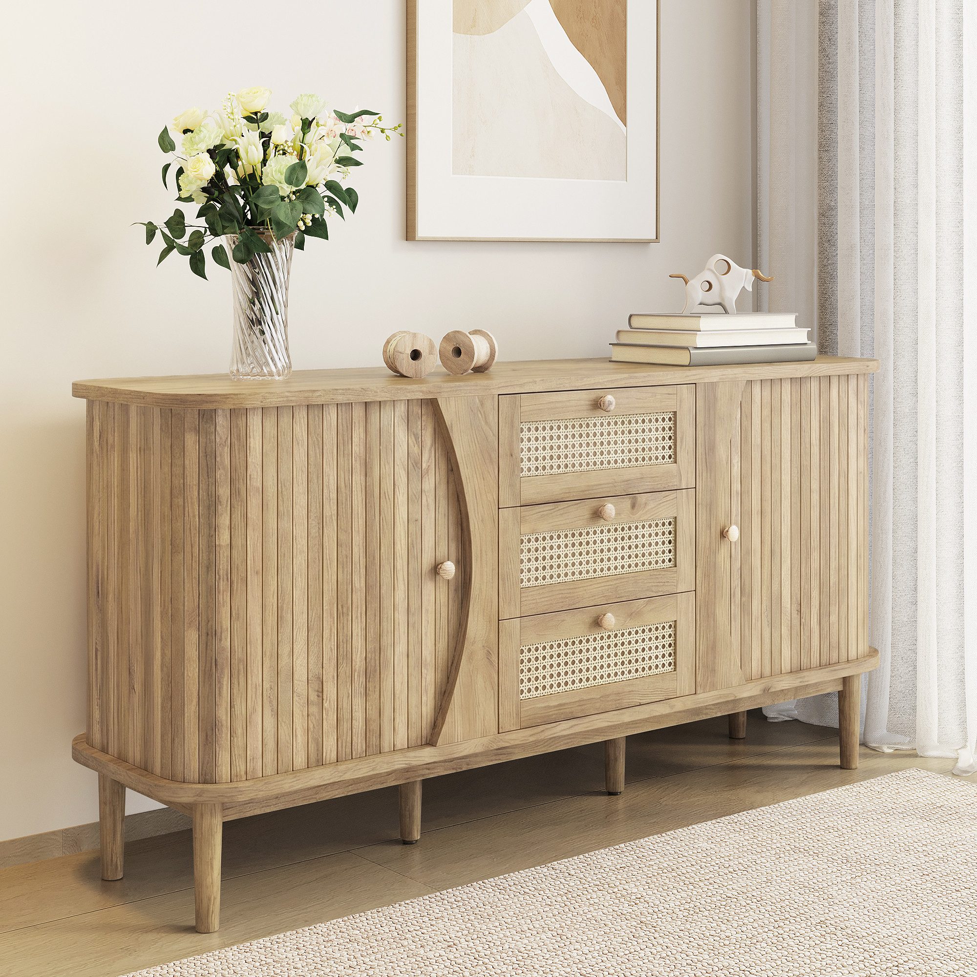 Merax Sideboard in Holzoptik mit Rattanschubladen (Anrichte Buffetschrank 140,5x40x76cm, 1 St., für Wohnzimmer, Esszimmer und Flur), Kommode mit Schiebetüren, abgerundeter Platte & großem Stauraum