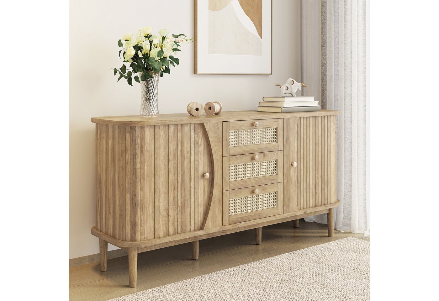 Merax Sideboard in Holzoptik mit Rattanschubladen (Anrichte Buffetschrank 140,5x40x76cm, 1 St., für Wohnzimmer, Esszimmer und Flur), Kommode mit Schiebetüren, abgerundeter Platte & großem Stauraum