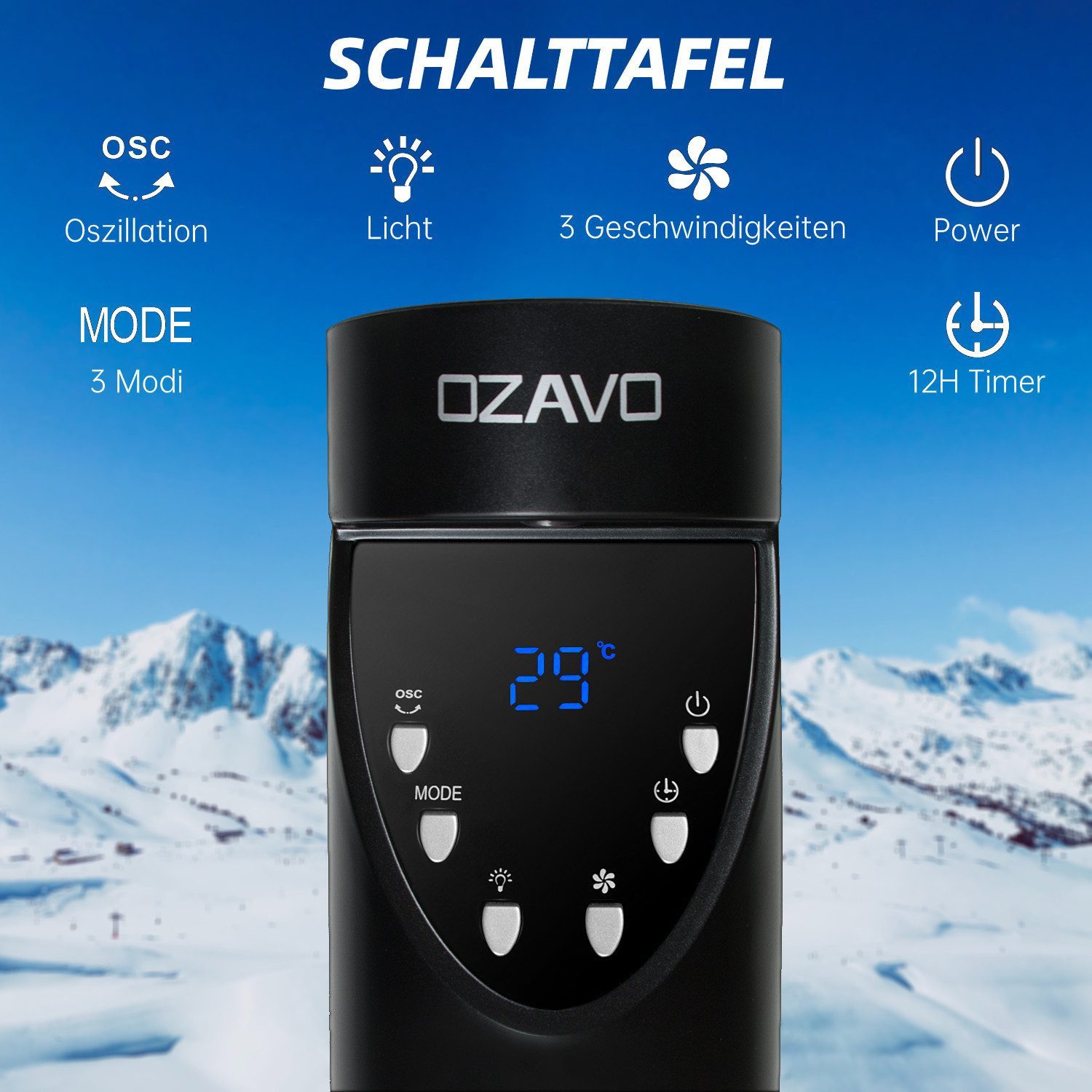 OZAVO Turmventilator 97.5cm OZ1515 Ventilator leise 3 Geschwindigkeiten,3 Modi mit 12 timer, Oszillation 70° Standventilator Bladeless Standventilator