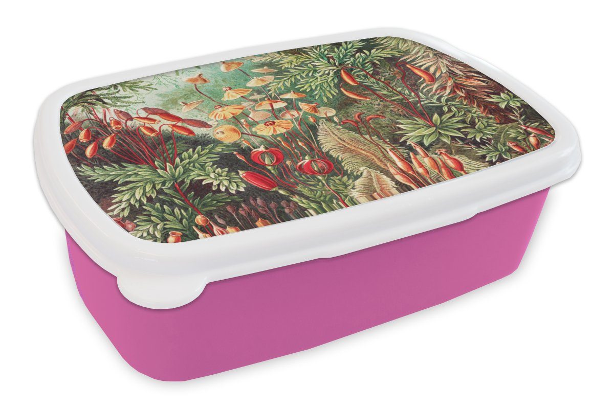 MuchoWow Lunchbox Blumen - Kunst - Vintage - Natur - Botanisch, Kunststoff, (2-tlg), Brotbox für Erwachsene, Brotdose Kinder, Snackbox, Mädchen, Kunststoff rosa