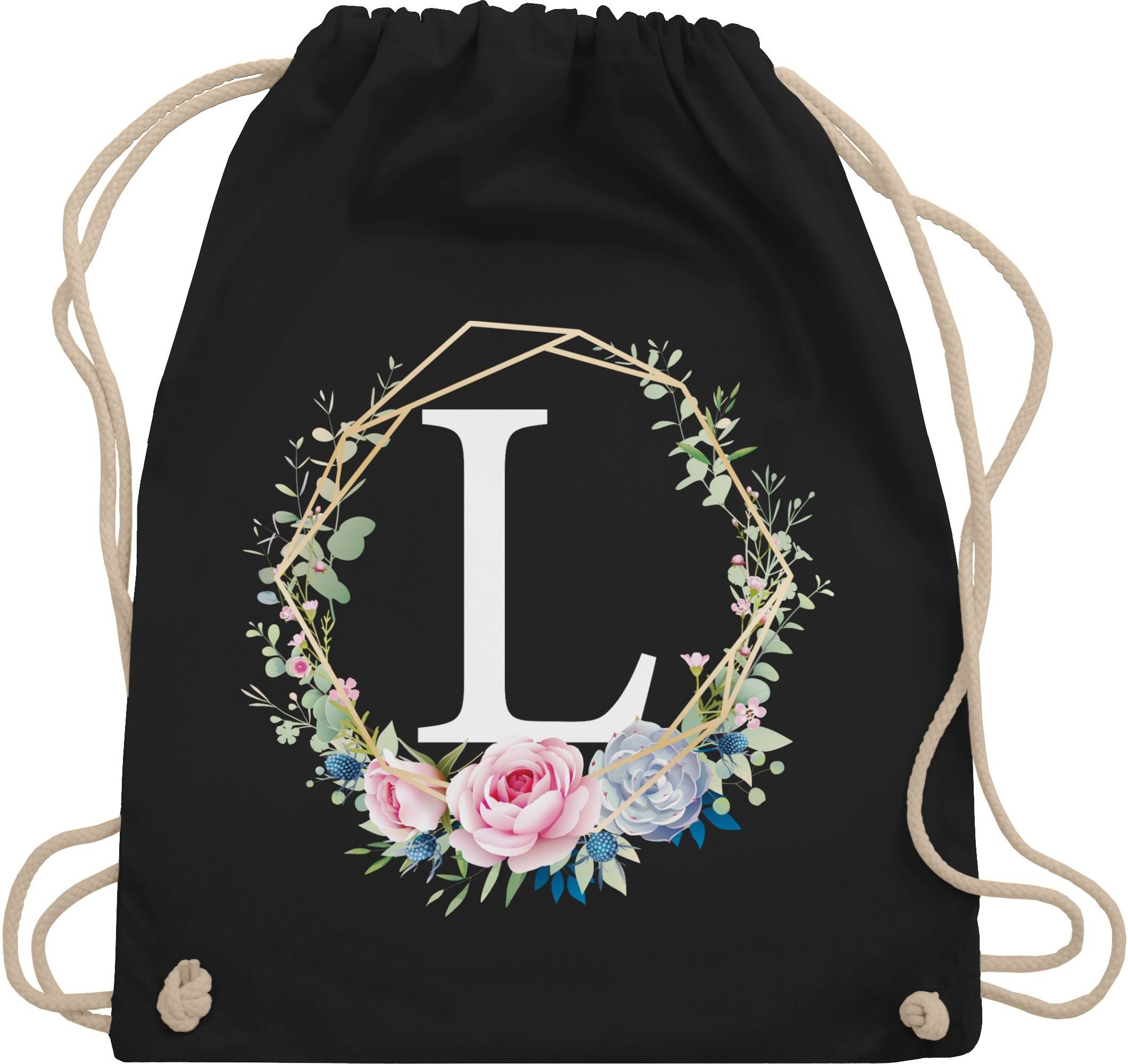 Shirtracer Turnbeutel Blumenkranz mit Buchstabe L, Geschenk Taschen Initialen Shopper Baumwolle