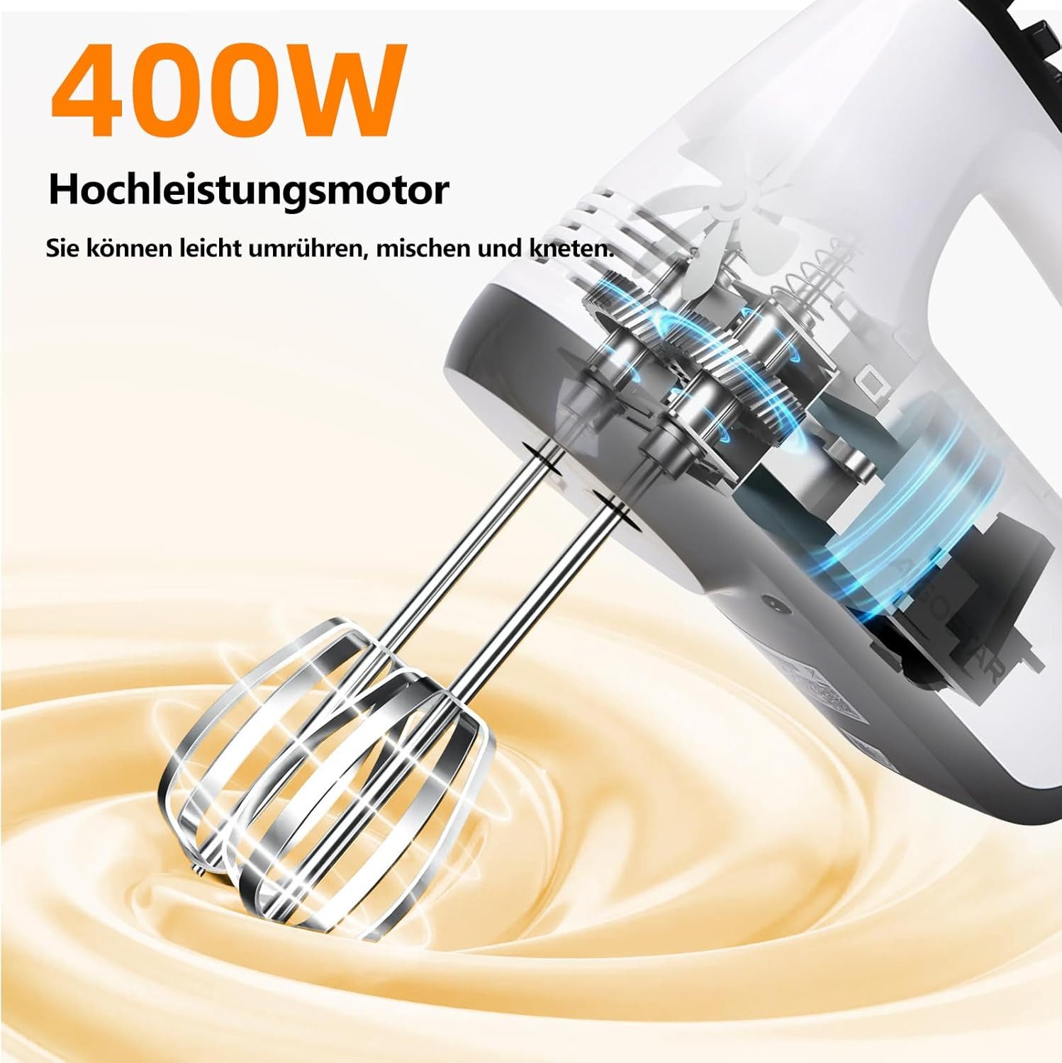Aigostar Handmixer Handrührer mit Aufbewahrungskoffer, 6-Gang-Turbolader, 304 Edelstahl, 400,00 W, Einstellbare Drehzahl, Schnelle Wärmeableitung, Überhitzungss – Bild 2 von 5