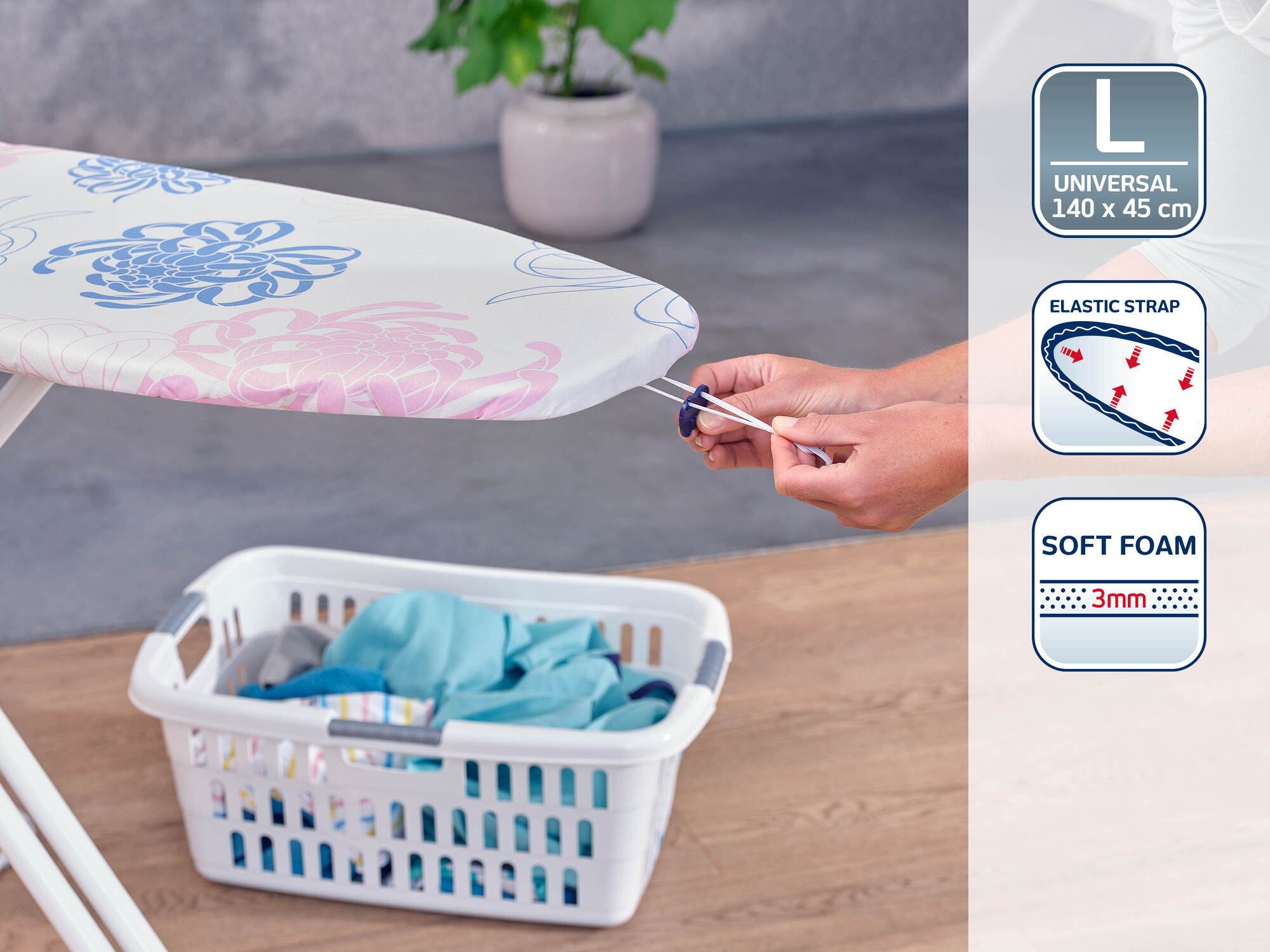 Leifheit Ersatz-Bügelbrettbezug Bügeltischbezug Cotton Classic L/Universal, Für Dampfbügeleisen geeignet, 140x45cm, 3mm Schaumstoffpolsterung