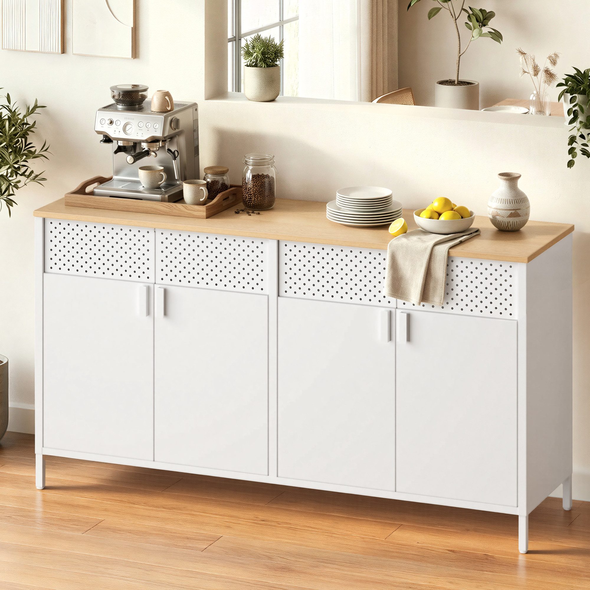 SONGMICS Aktenschrank Metallschrank, Aufbewahrungsschrank, mit 4 Türen Magnetverschluss verstellbarer Einlegeboden, Stahlgestell, 40x141x76cm – Bild 2 von 5