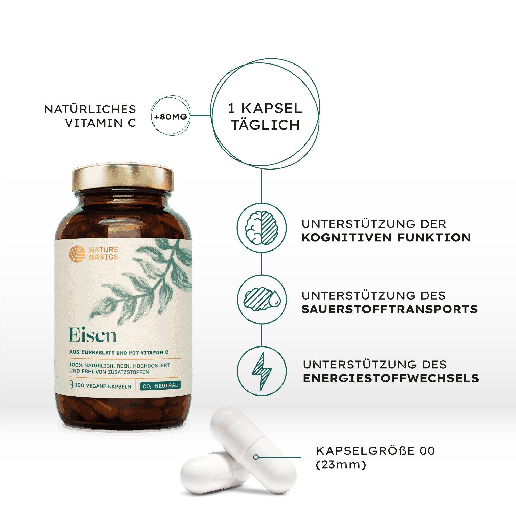 Nature Basics Natürliches Eisen mit Vitamin C Vegan im Braunglas 180 Kapseln, 180 St., 135 g