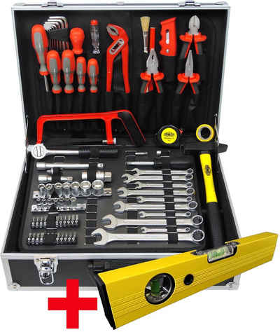 FAMEX Werkzeugkoffer FAMEX 759-63 Alu Werkzeugkasten mit Werkzeug Set - Werkzeugkiste gefüllt - Komplett Set mit Wasserwaage (Werkzeugkoffer), abschließbar