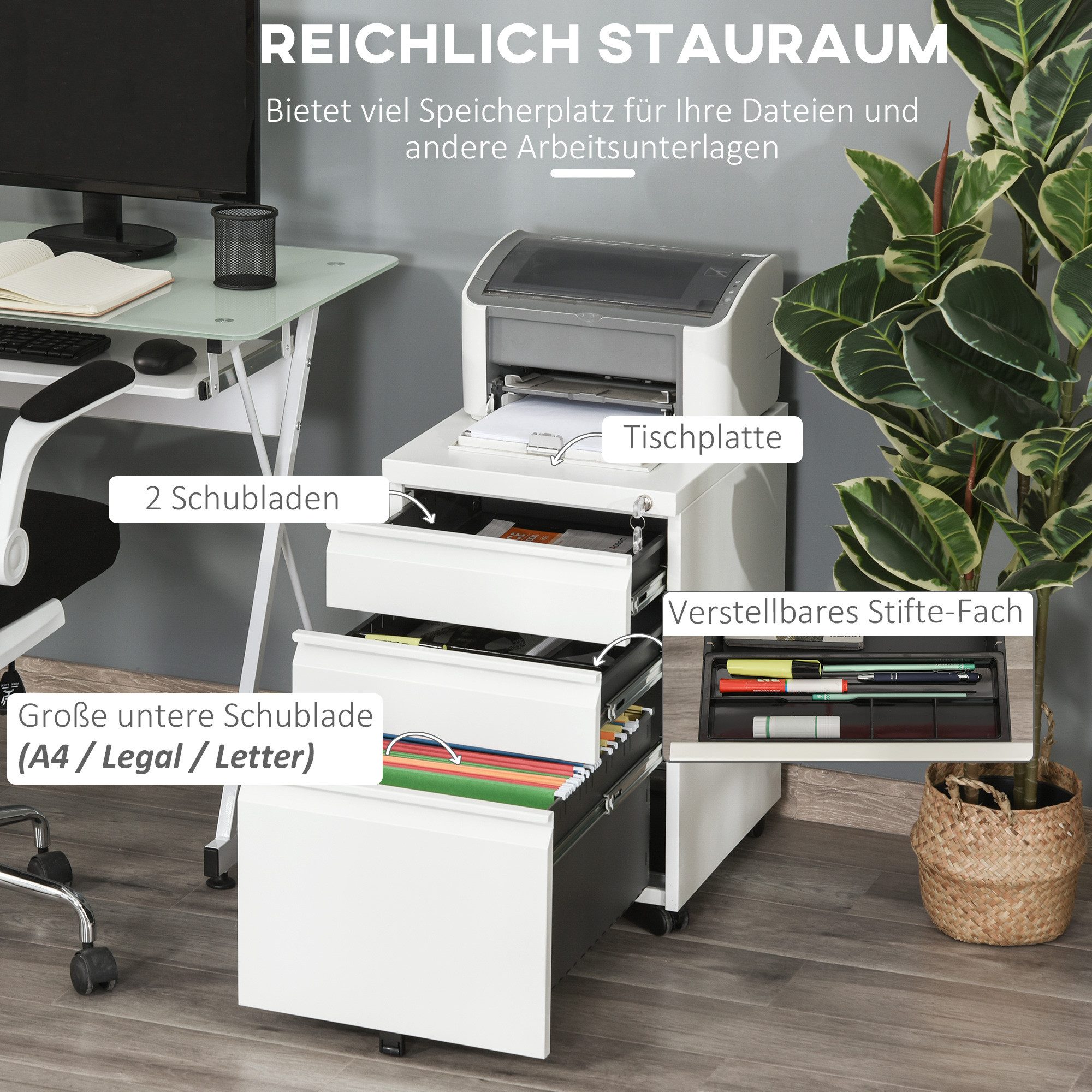 Vinsetto Rollcontainer Aktenschrank mit 3 Schubladen, Büroschrank mit Rollen abschließbar, (Büroschrank, 1 St., Bürocontainer), Stahl Weiß 39 x 48 x 60 cm – Bild 4 von 5