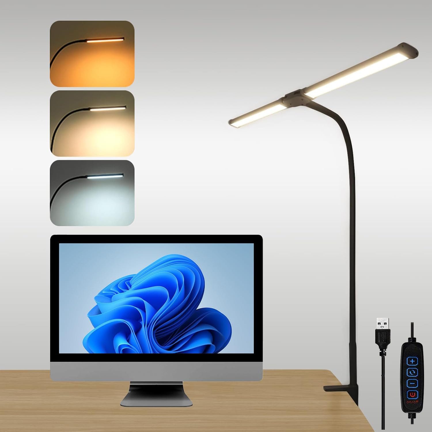 Lapalife Schreibtischlampe Tischlampe Klemmbar, Doppelkopf, 3 Farbtemperatur 10 Helligkeit, LED fest integriert, Augenschutz Tageslichtlampe, Schwanenhals für Homeoffice, Büro