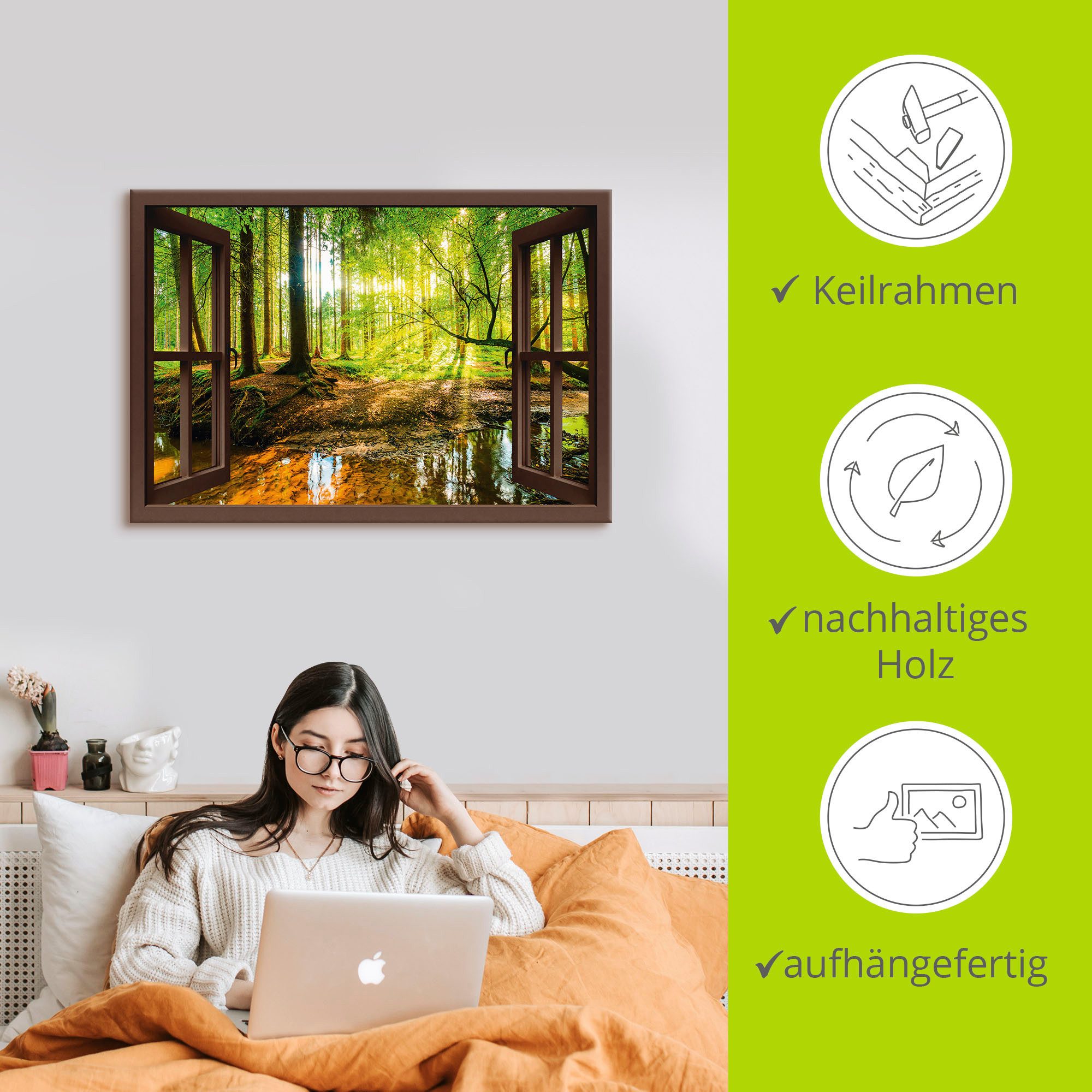 Artland Wandbild Fensterblick - Wald mit Bach, Wald (1 St), als Leinwandbild, Poster, Wandaufkleber in verschied. Größen