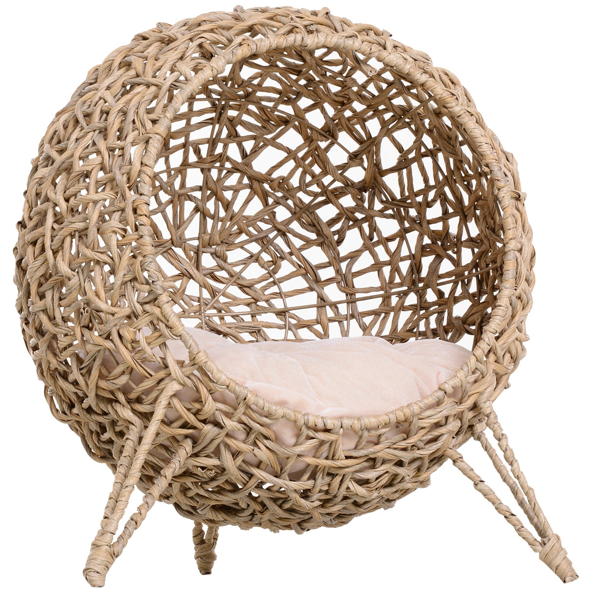 PawHut Tierhaus Katzenhaus aus PE-Rattan mit Kissen, erhöhten Füßen PE-Rattan Natur, Ø52 x 58H cm