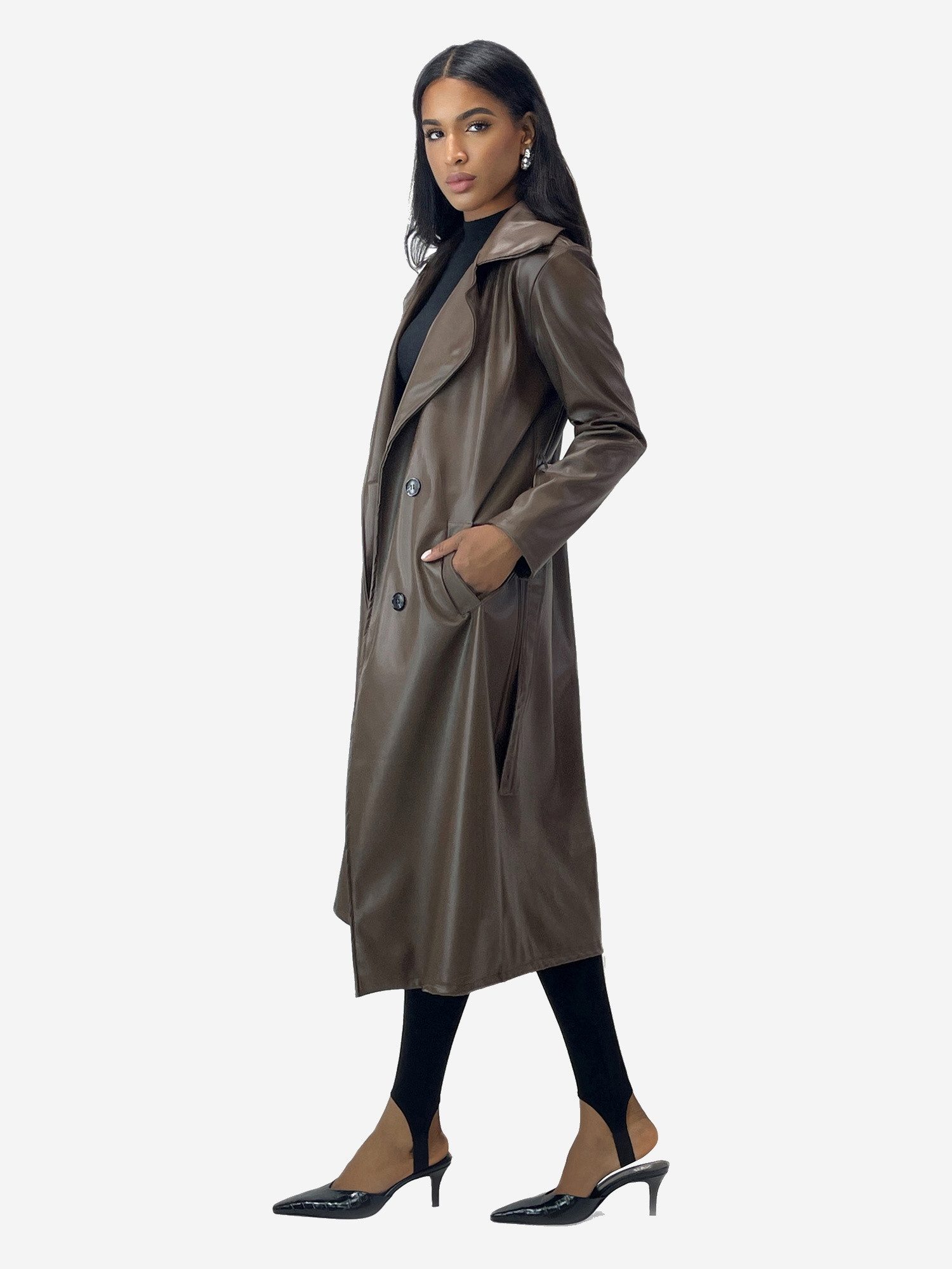 Elara Trenchcoat – Damen Mantel lang mit Bindegürtel und Reverskragen