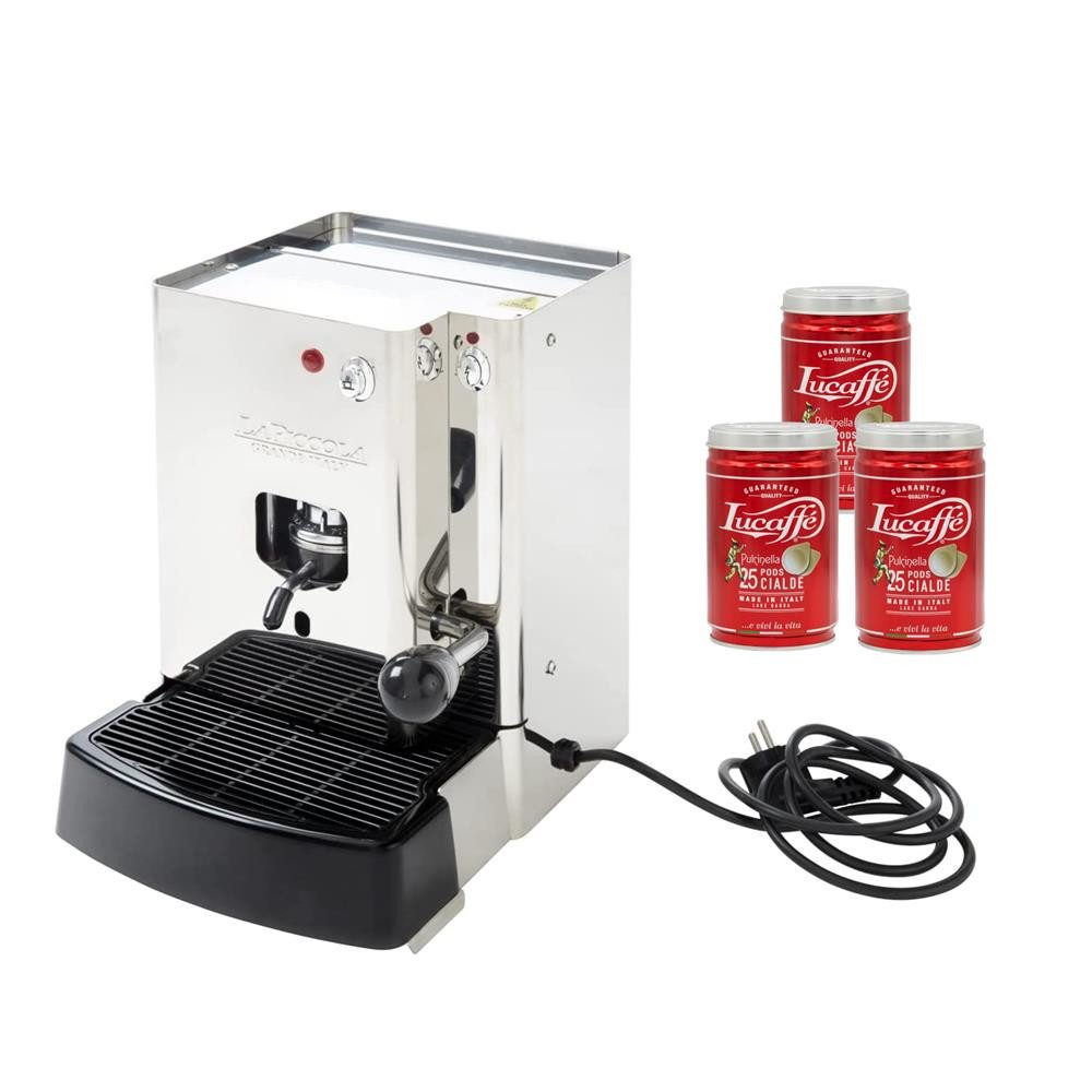 La Piccola Espressomaschine Sara Classic +75 Lucaffé ESE-Pads 44mm, Edelstahl, kompakte Größe, energiesparende Standyby-Funktion, schnelles Aufheizen, Made in Italy