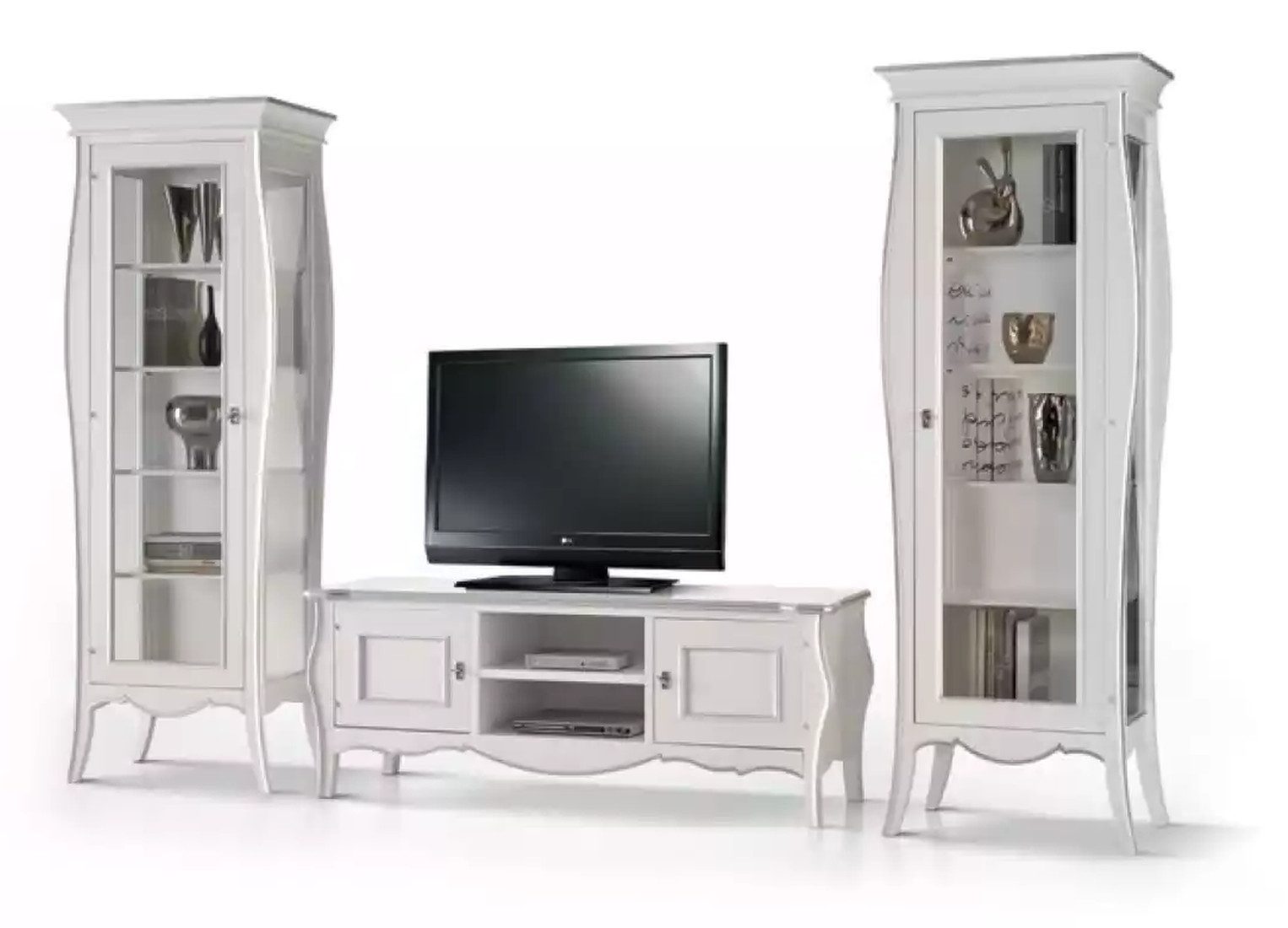 Xlmoebel Wohnwand Weiße Wohnwand mit TV-Ständer, Vitrinen und Regal, (3-St., Set 3tlg. Wohnwand (TV-Ständer + 2x Vitrine), Hergestellt in Europa