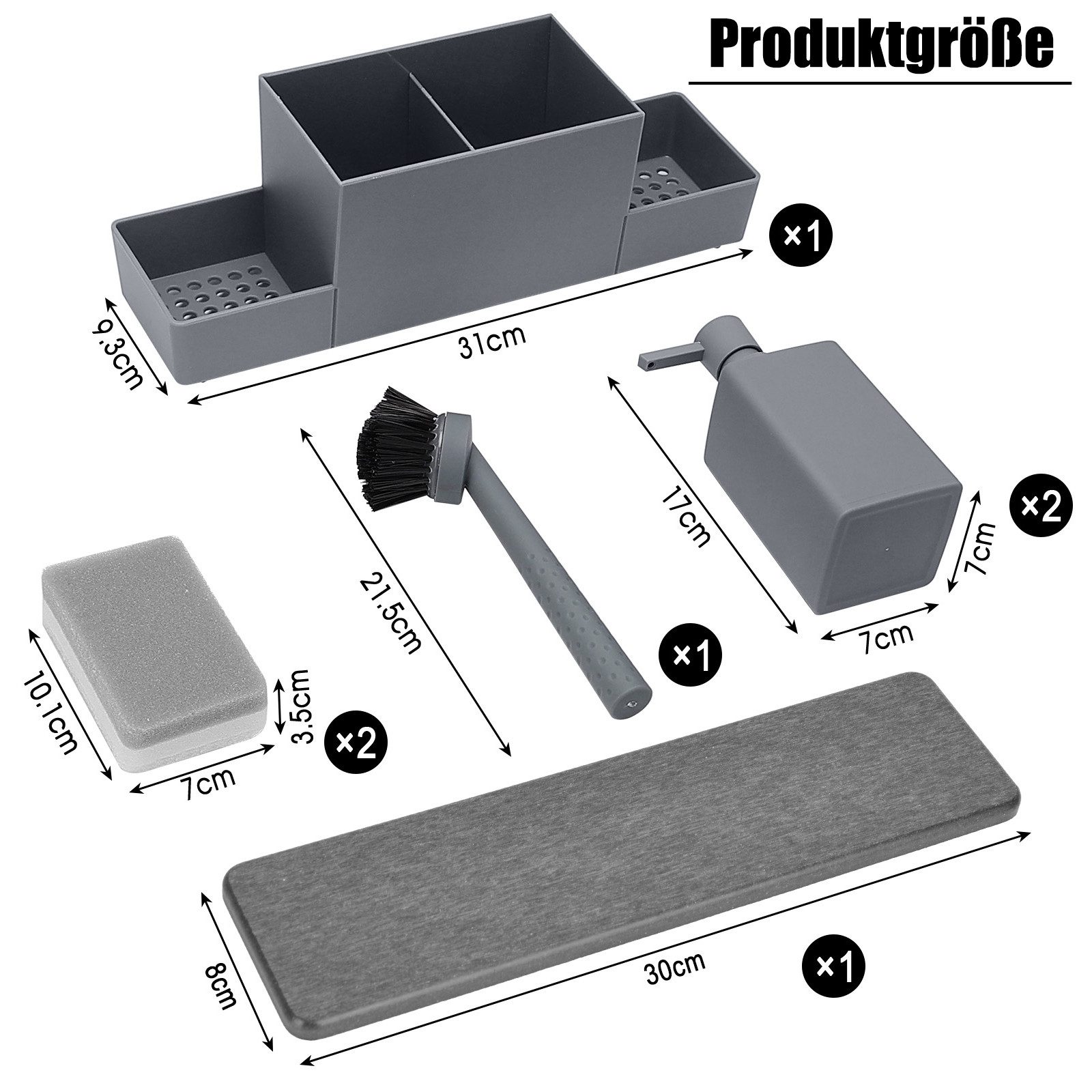 Lumkudos Küchenorganizer-Set 350ML Spülbecken Organizer mit Bürste, Seifenspender Spülschwamm, (4-tlg., Flaschen*2, Schwämme*2, Tablett*1, Pinsel*1, Aufkleber, Matte*1), Spülorganizer mit Zwei Seifenspender, Küchengadget Organizer