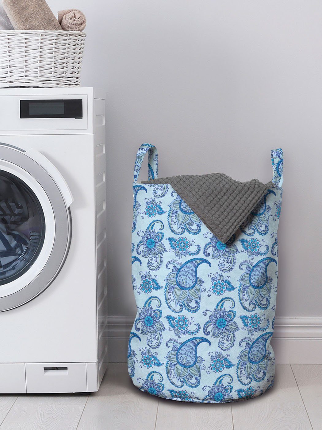 Abakuhaus Wäschesäckchen Wäschekorb Griffen für Ethnic Waschsalons, blau Blumen mit Paisley Kordelzugverschluss Design