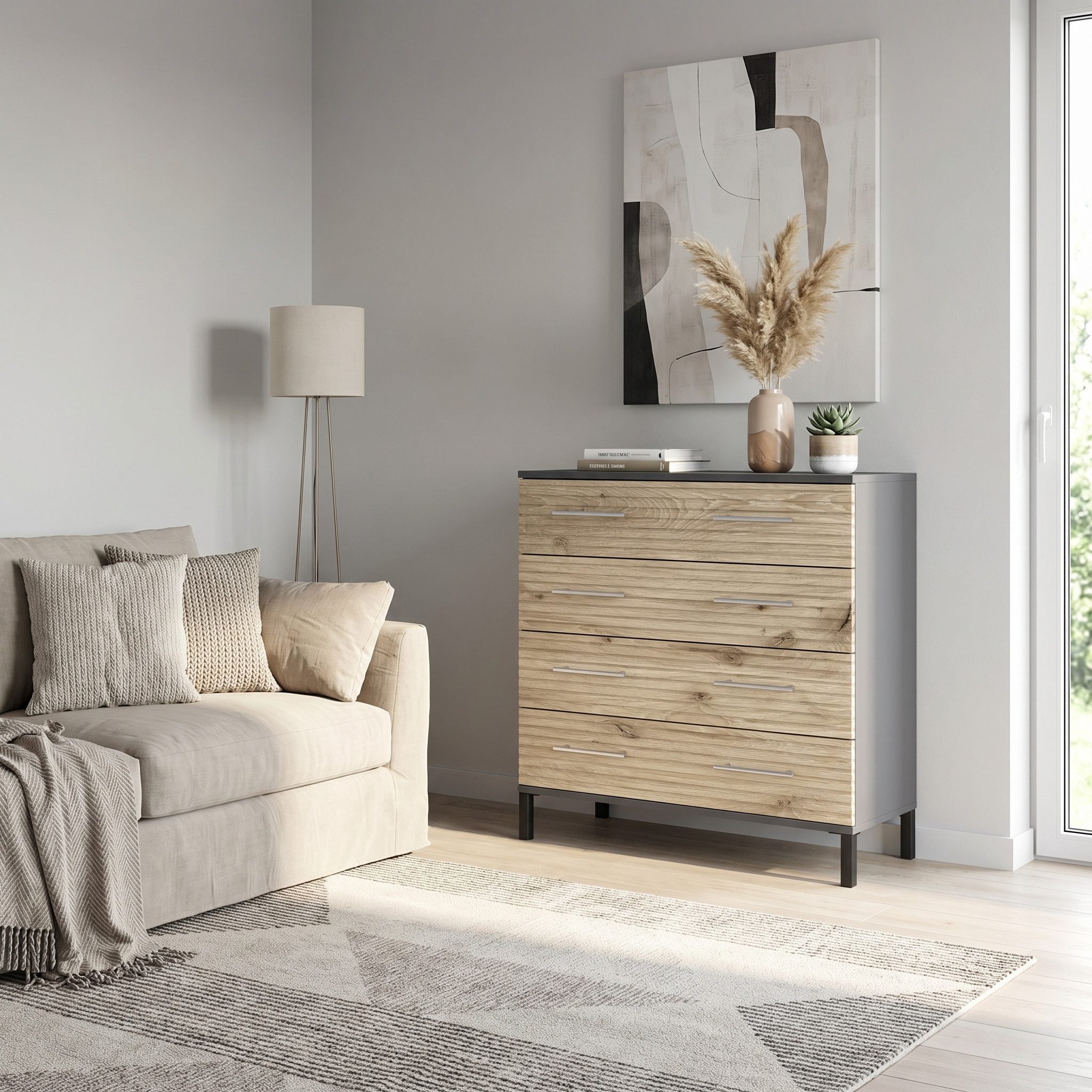 Vladon Kommode Bravo (Moderner Schrank mit 4 Schubladen, Aufbewahrungsschrank für Schlafzimmer, Flur, Wohnzimmer), Anthrazit / Eiche (76 x 84 x 35 cm)